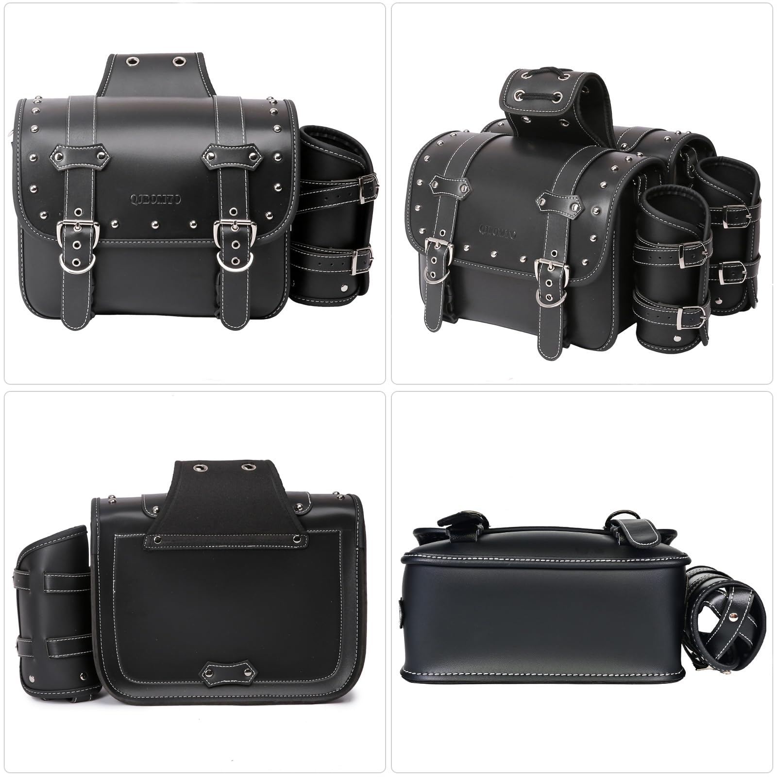 Premium High-Density Leather Motorcycle Saddlebags - Universal Throw Over Panniers with Waterproof Design, Cup Holder & Side Tool Storage (1 Pair, Black) | Ideal for Harley, Cruiser & Touring Bikes - Road Trips & Daily Commuting