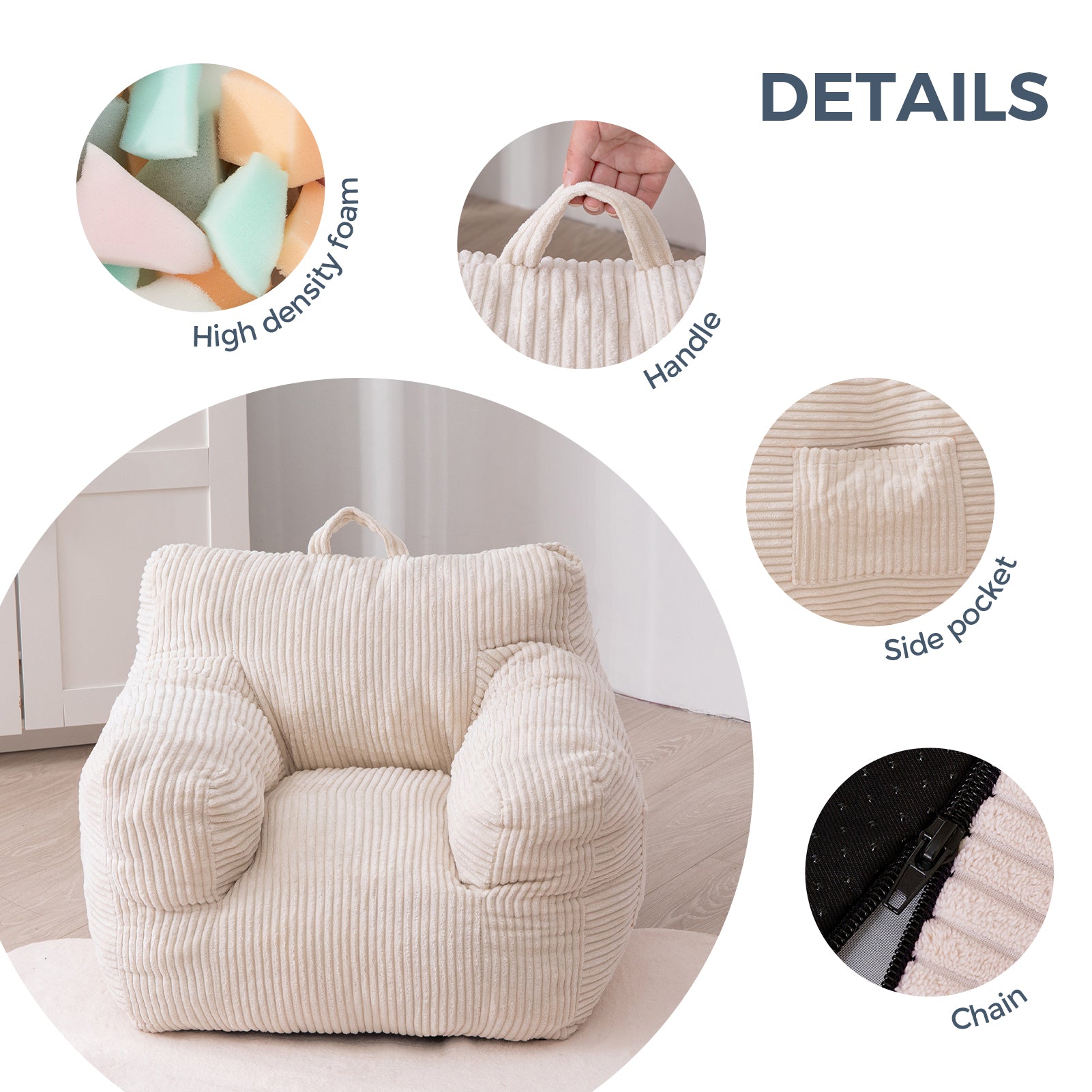 MAXYOYO Kids Bean Bag Chair - Soft Corduroy Bean Bag Couch with Armrests for Boys & Girls, Comfortable Seating for Bedroom, Playroom or Reading Nook (White) - Perfect for Relaxing, Gaming & Study Time
