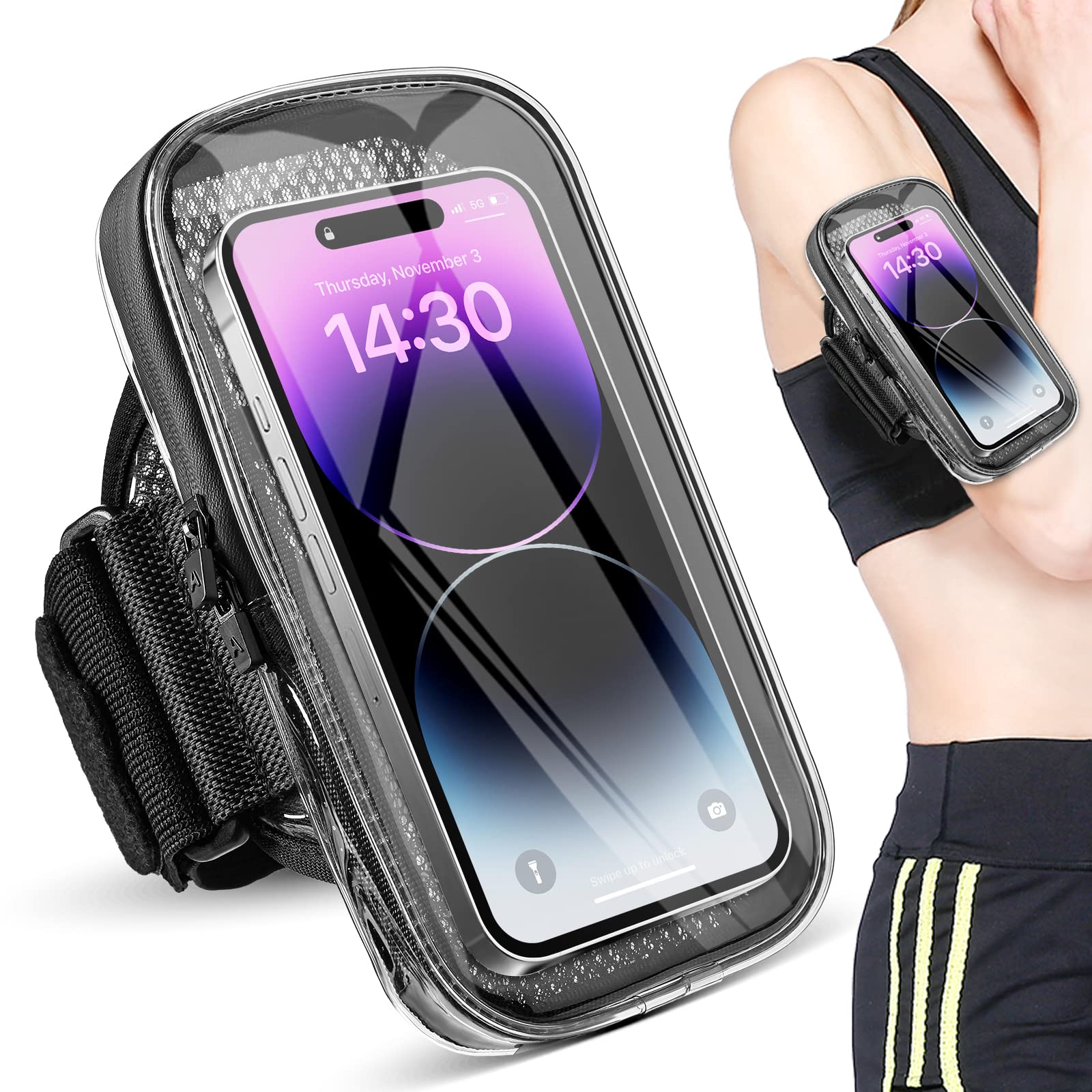 Clear Running Armband Phone Holder for iPhone 16/15/14/13 Pro Max/12/11/X & Samsung Android - Universal Sports Armband with Key Card Pocket for Workout, Jogging, Gym & Outdoor Activities