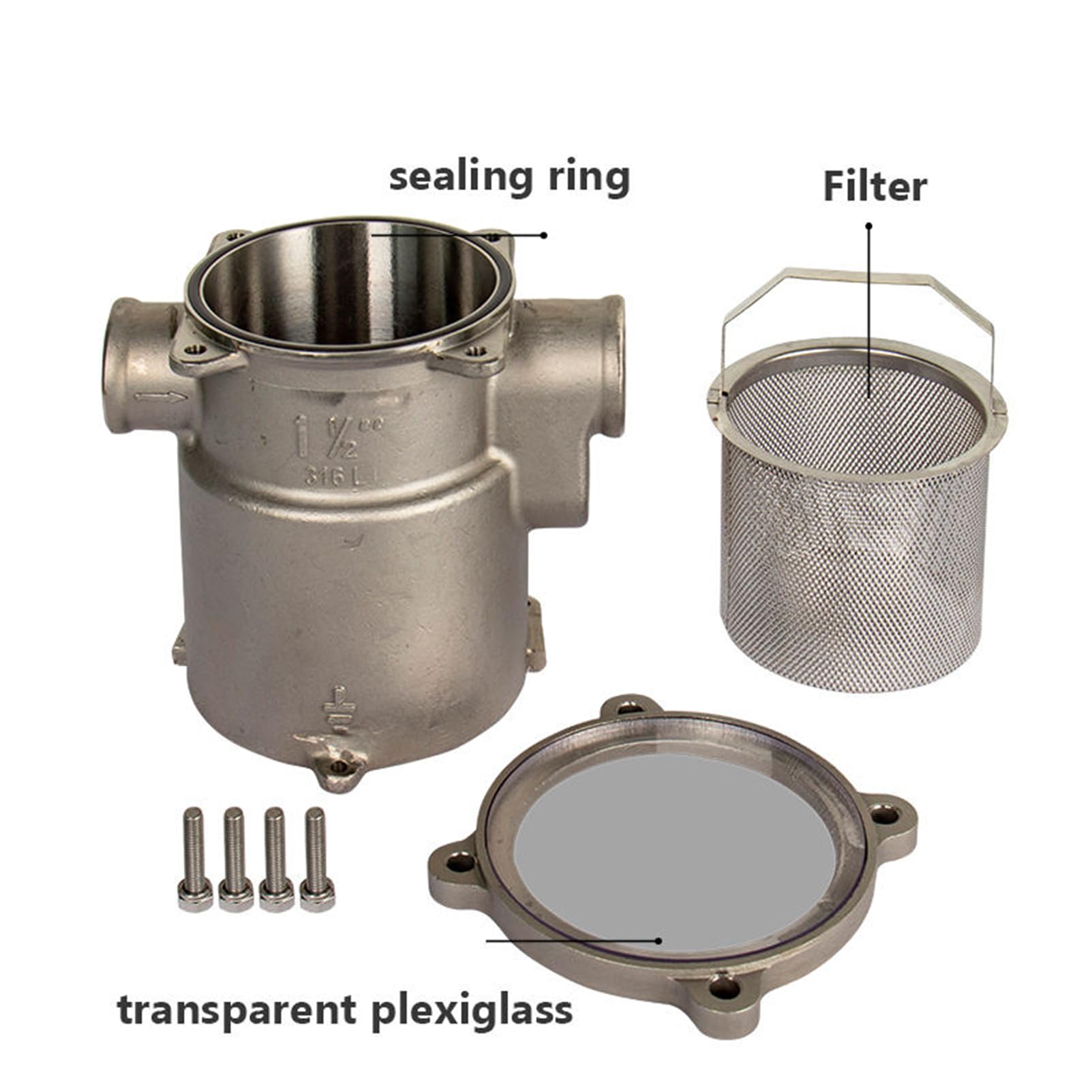 316 Stainless Steel 1.5 Inch Marine Water Strainer - Boat Seawater Filter for Engine Cooling System, Bilge Pump & Marine Hardware Fittings | Saltwater & Freshwater Use