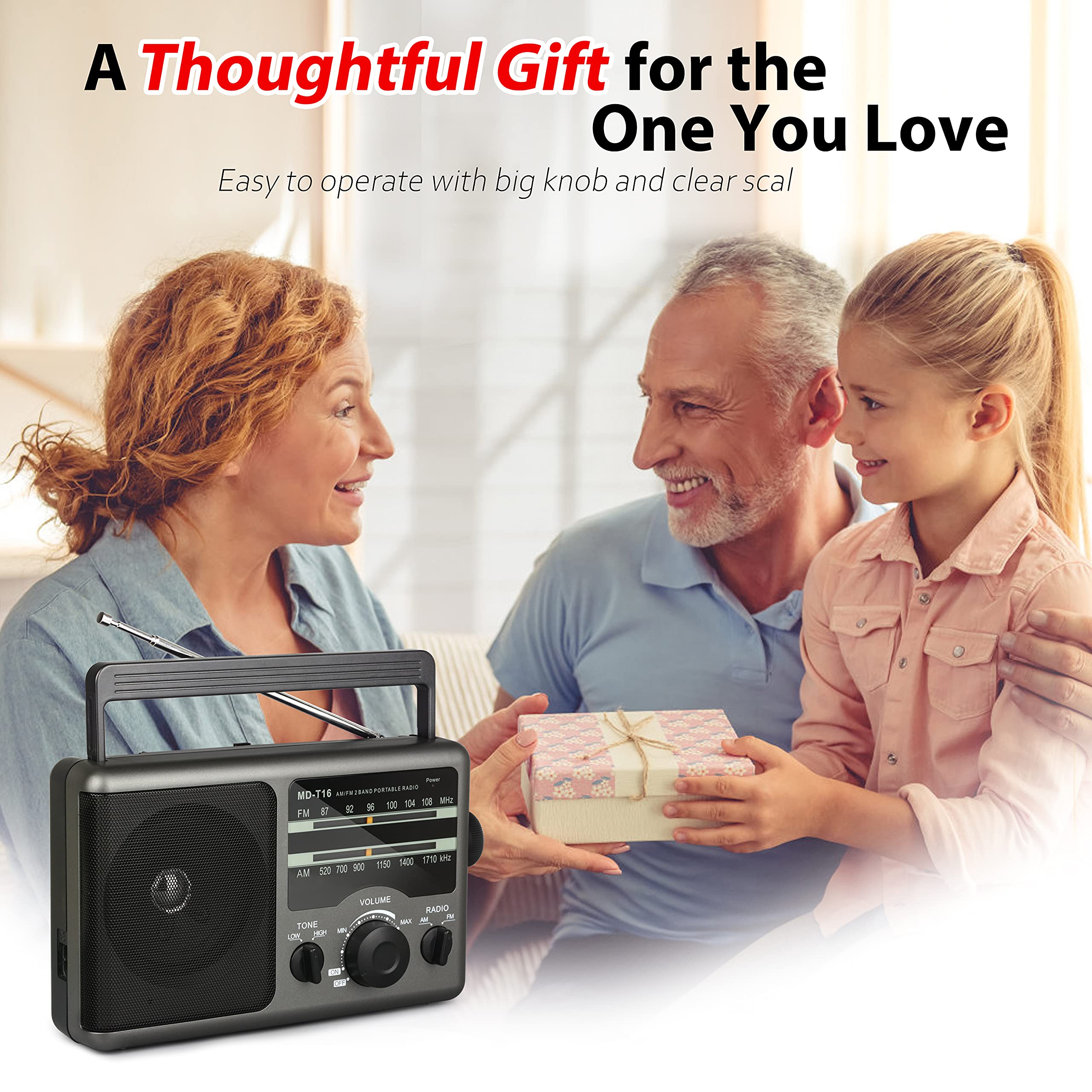 Greadio AM FM Portable Radio with 3.5mm Headphone Jack, High/Low Tone Mode, Large Speaker - Battery or AC Powered for Home, Camping, Emergency & Outdoor Use