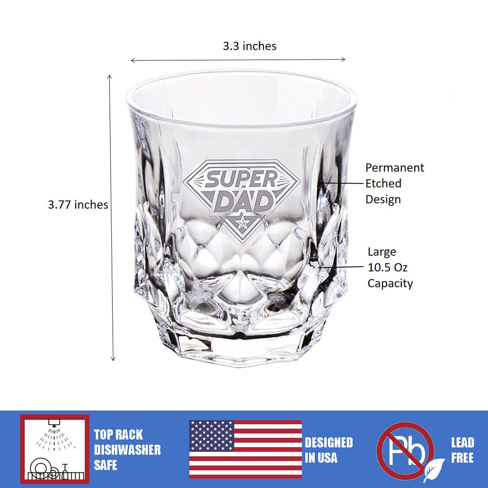 Personalized Superdad Whiskey Glass Set - Handmade Etched Crystal Tumbler for Father's Day, Christmas & Birthday Gifts | Perfect for Bourbon, Scotch & Whiskey Lovers at Home Bar or Office