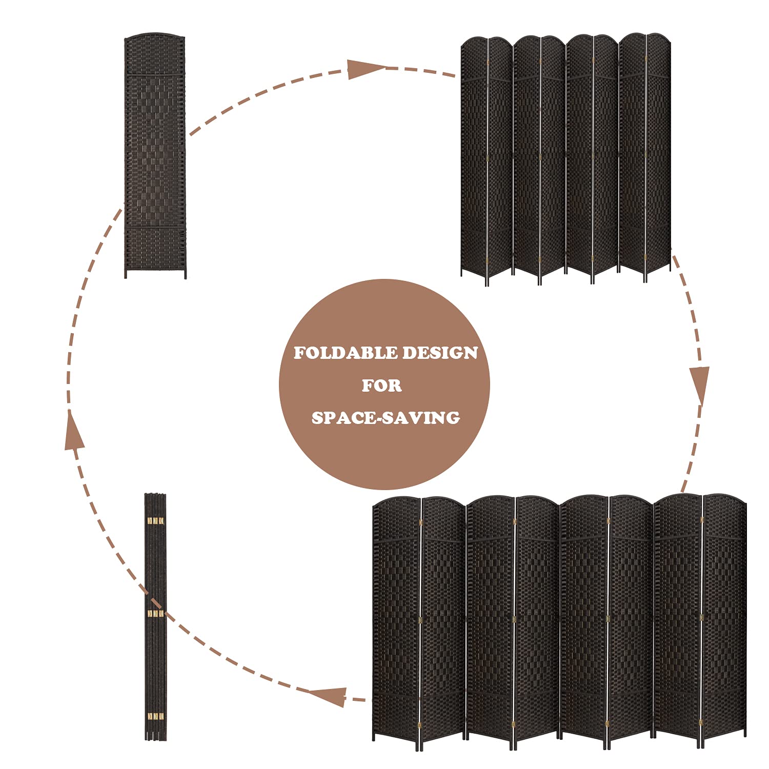 8 Panel Freestanding Room Divider - 6ft Folding Privacy Screen for Home & Office - Indoor/Outdoor Use (Coffee Brown) - Perfect for Living Rooms, Bedrooms, Patios & Workspaces
