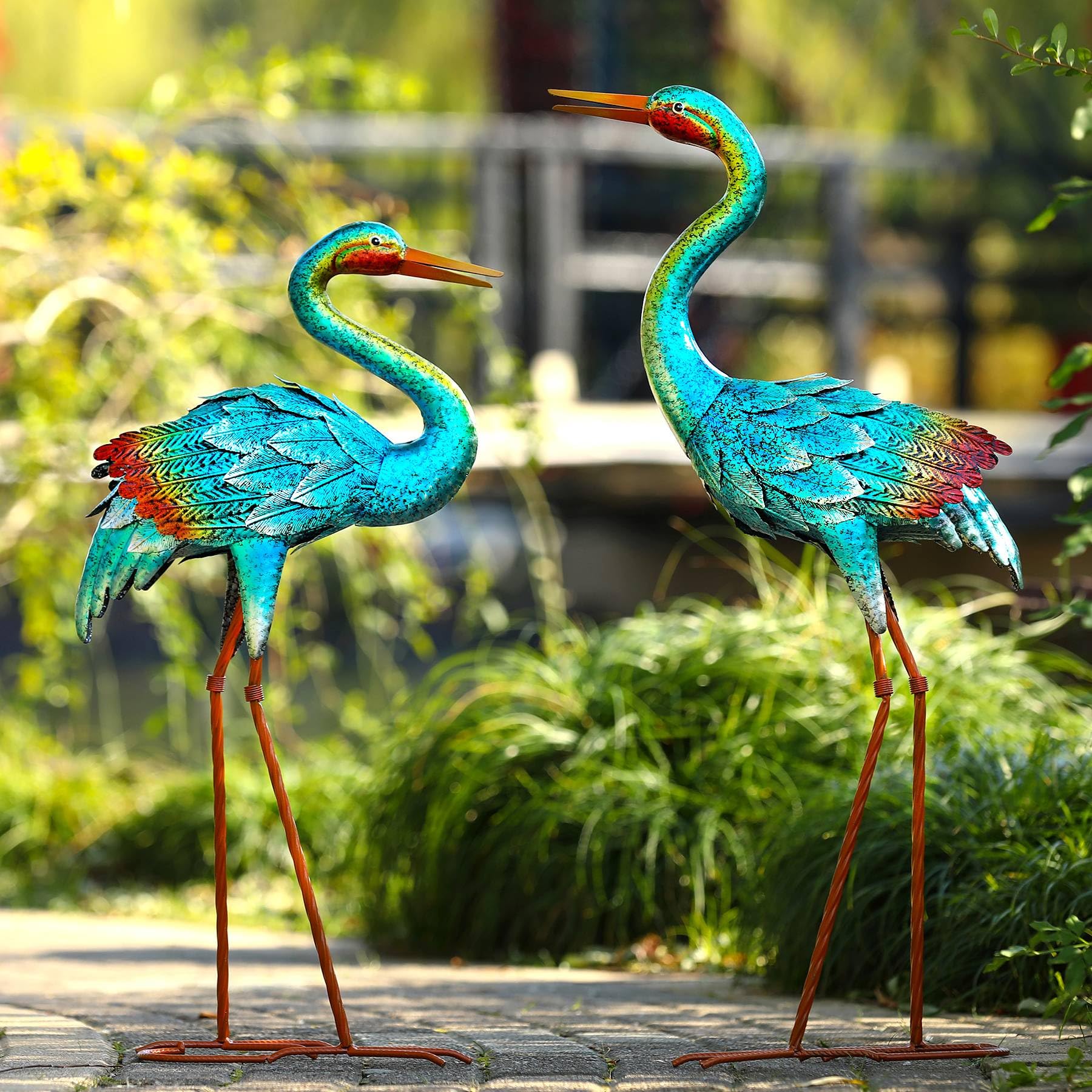 Blue Heron Garden Statues - Set of 2 Metal Crane Sculptures for Outdoor Decor, Patio, Pond & Lawn | Durable Large Bird Yard Art for Home & Garden Landscaping | Perfect for Backyard, Water Feature & Nature-Themed Decorations