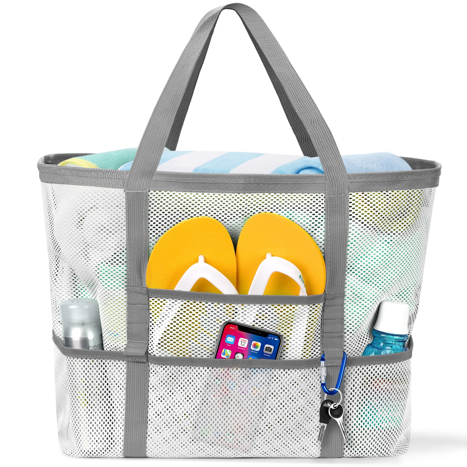 KPX Large Mesh Beach Tote Bag for Women - Foldable Waterproof & Sandproof Pool Bag with Mini Pockets | Perfect for Swimming, Travel, and Summer Outings