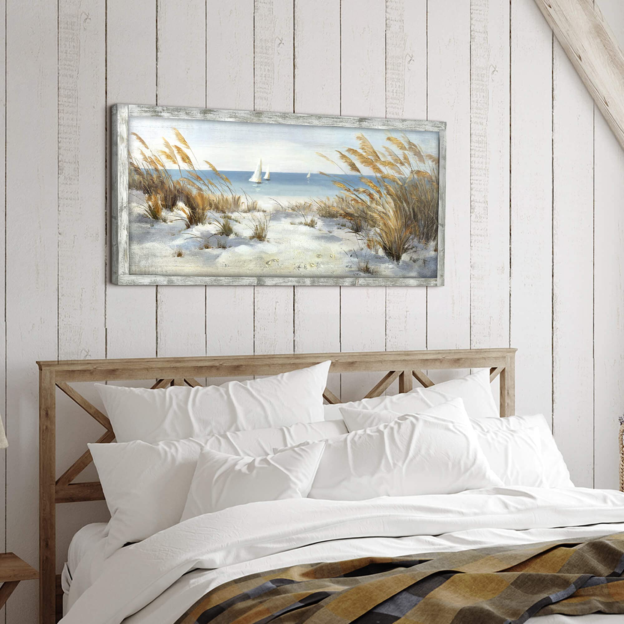 Coastal Oil Painting Style Beach Framed Wooden Wall Art - 40