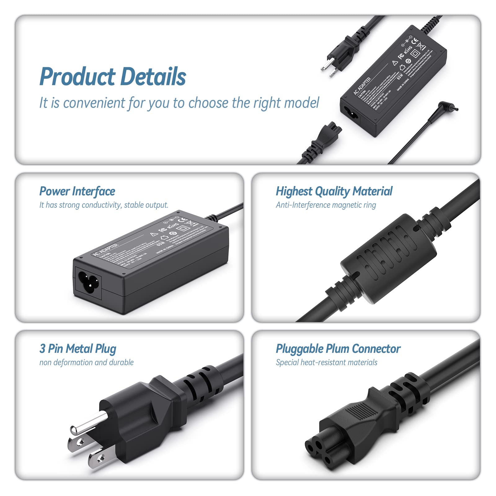 65W Laptop Charger for Acer Chromebook 11 13 14 15 R11 R13 CB3 CB5 C740 C720 C738T C731 & Aspire 1 5 A115-31 A115-32 A515-44 A515-54 A515-55 A515-56 | Compatible with Spin 1 3 5 Swift 1 3 Series | AC Power Adapter Replacement for Home Office Travel Use
