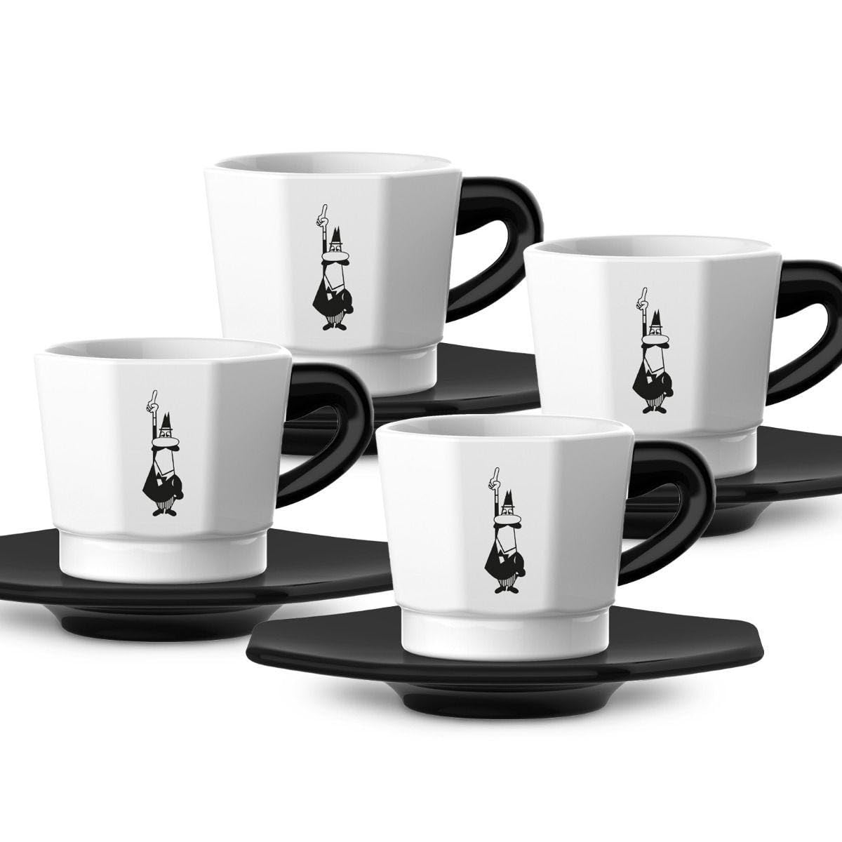 Bialetti Octagonal Espresso Cups Set of 4 - 75ml Black and White Ceramic Coffee Cups for Italian Style Espresso, Cappuccino & Latte - Perfect for Home, Office & Cafe Use