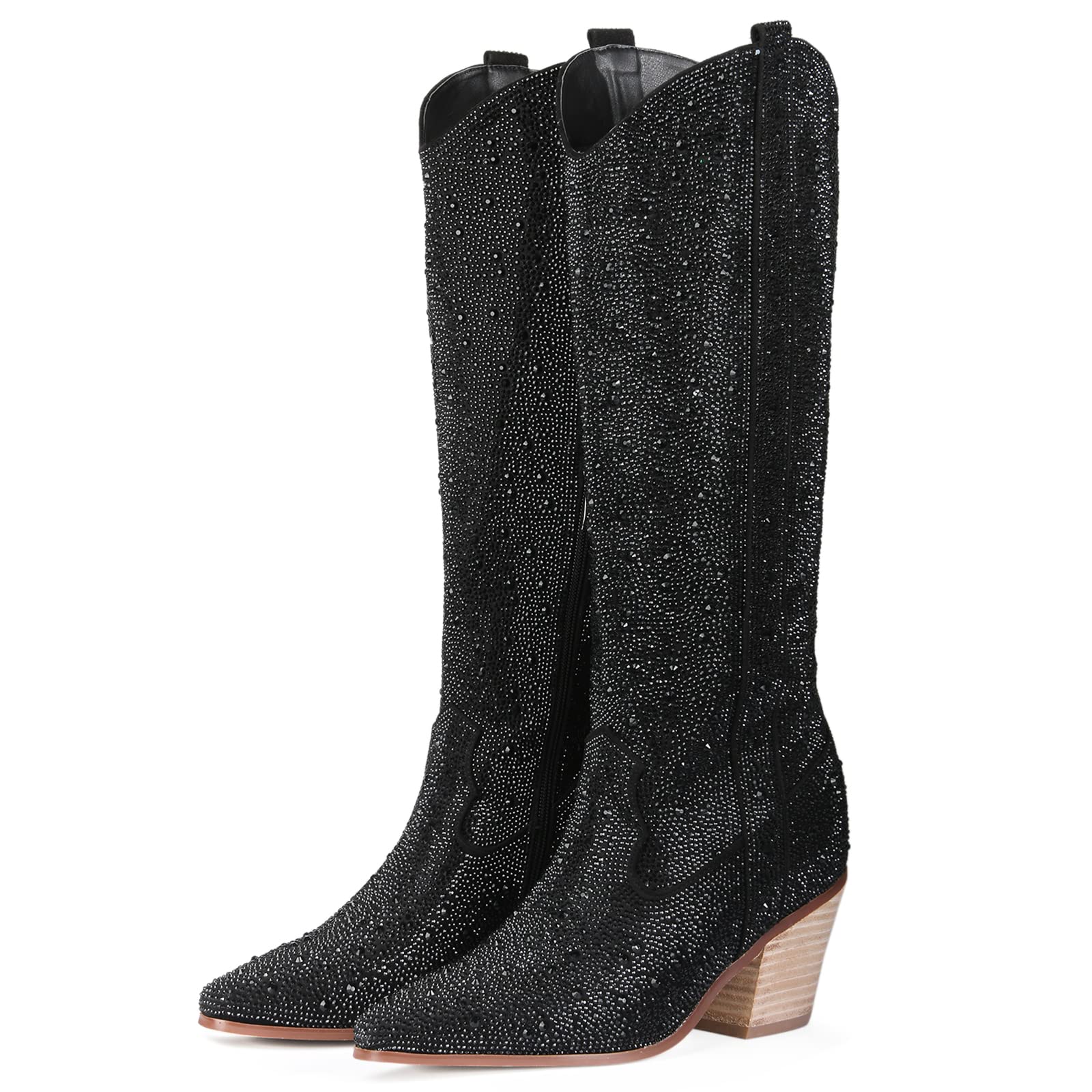 MUCCCUTE Women's Rhinestone Sparkly Cowboy Boots - Mid Calf Glitter Boots with Block Heel for Country Music Festivals & Night Out Parties