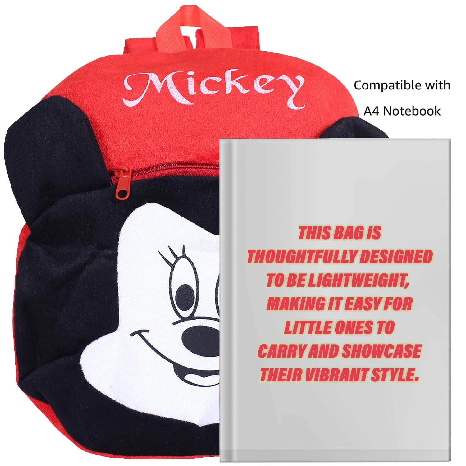 Kuber Industries Disney Mickey Mouse Backpack for Kids - 2 Compartment Velvet School Bag with Adjustable Straps, Red & Black - Perfect for School, Travel, and Daily Use
