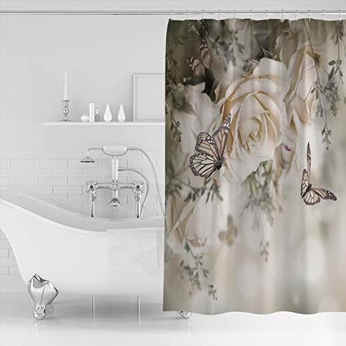 Waterproof Fabric Shower Curtain Liner with Rose Flower & Butterfly Design - 180x180cm Bathroom Decor for Home, Spa & Hotel Use
