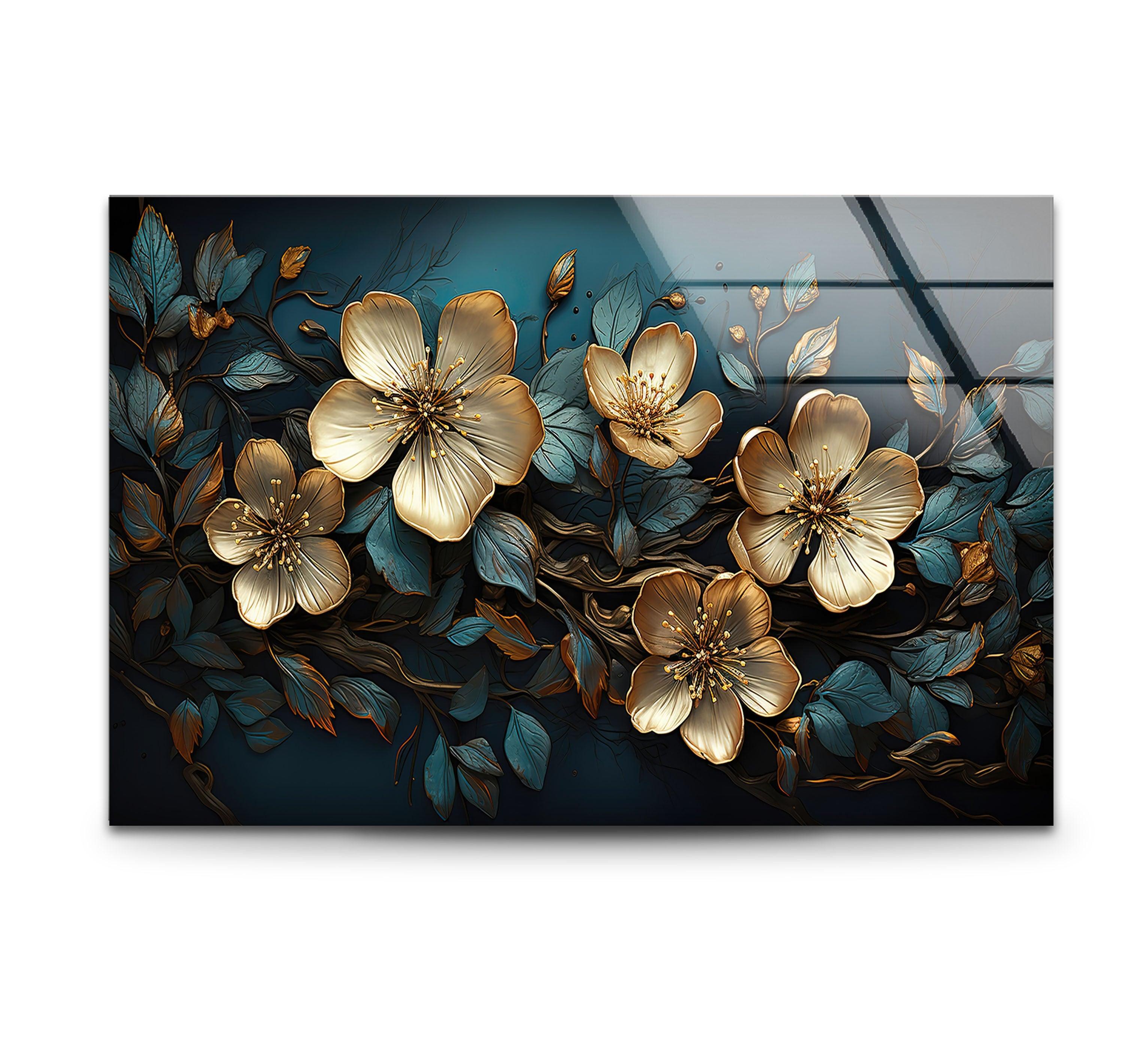 Beige & Blue Botanical Glass Wall Art - Elegant Home Decor for Living Room, Bedroom & Office - Perfect Gift for Housewarming & Wedding