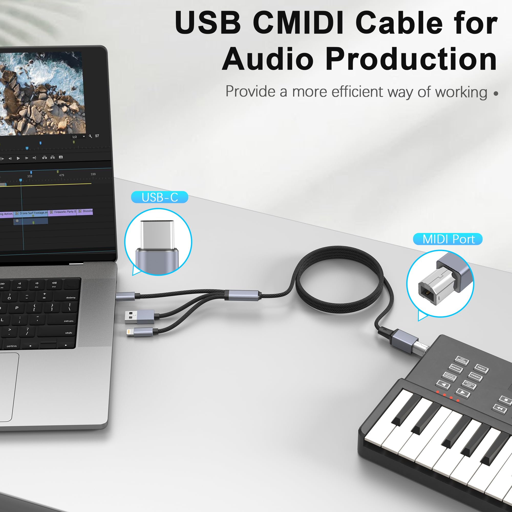 Premium MIDI USB Cable - USB A to USB B 2.0, USB C to USB B, Lightning to USB B - 3.3FT Nylon Braided for Yamaha, Casio Digital Pianos, MIDI Controllers & Printers - Compatible with MacBook Pro - Perfect for Music Production, Studio Recording & Home Office Use