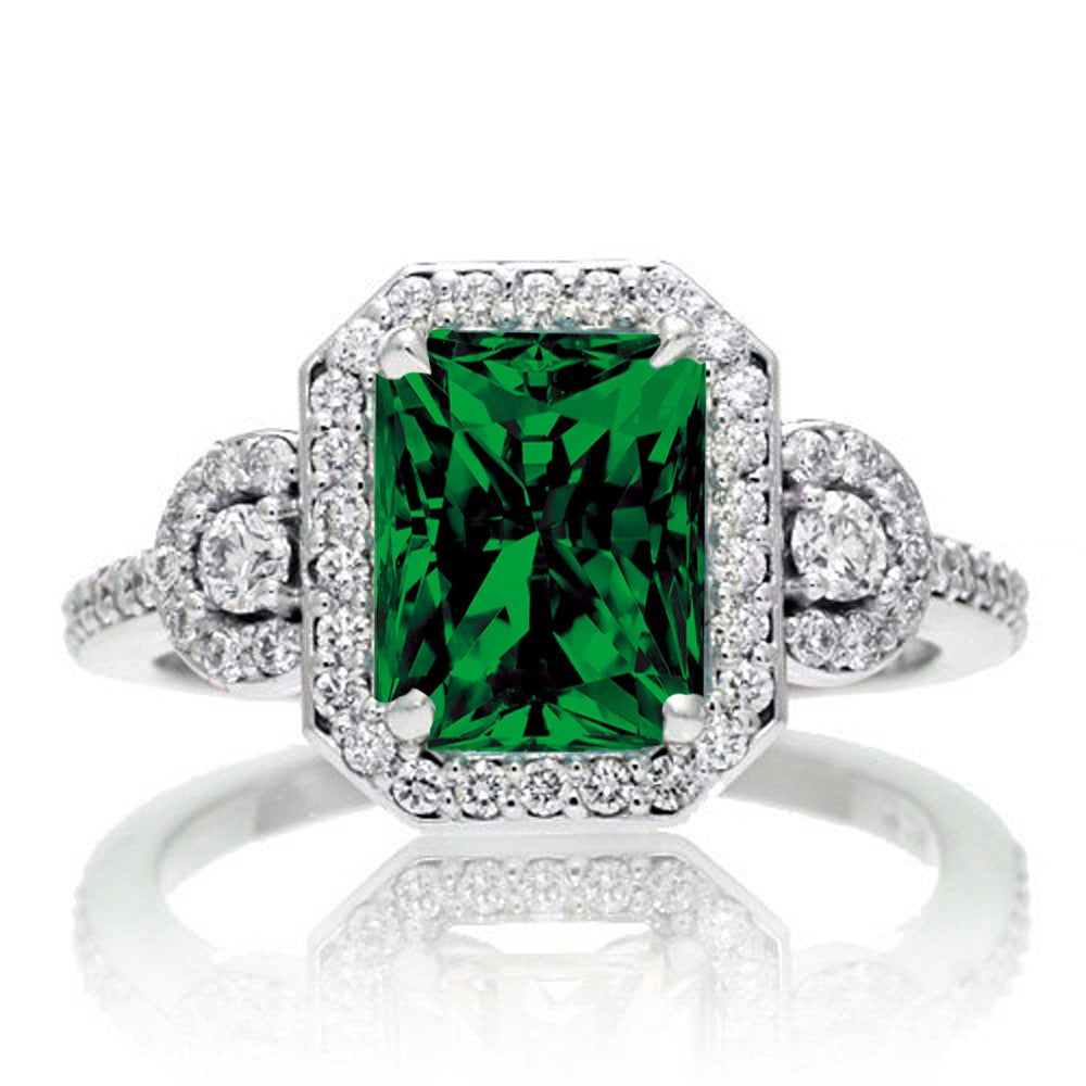 1.5 Carat Emerald Cut Three Stone Moissanite & Diamond Halo Ring in 10k White Gold - Perfect for Engagement, Wedding & Anniversary Gifts