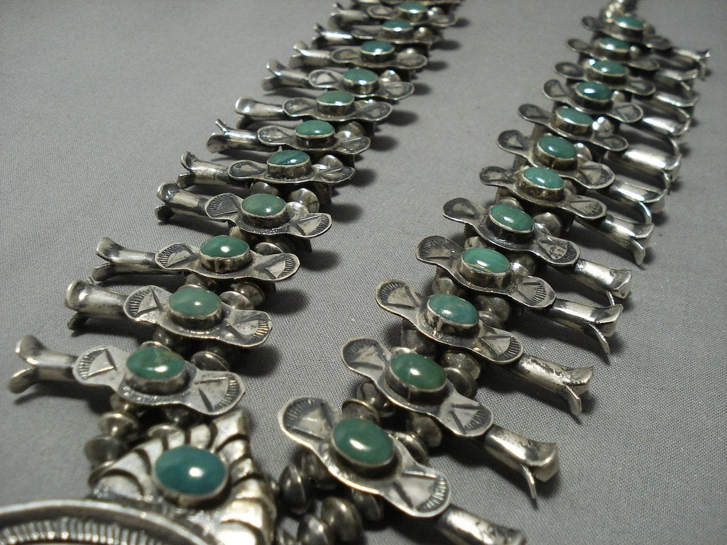 Vintage 1940s Navajo Sterling Silver Squash Blossom Necklace with Green Turquoise - Authentic Native American Jewelry for Women, Boho Fashion Accessory, Wedding Gift & Southwest Style Statement