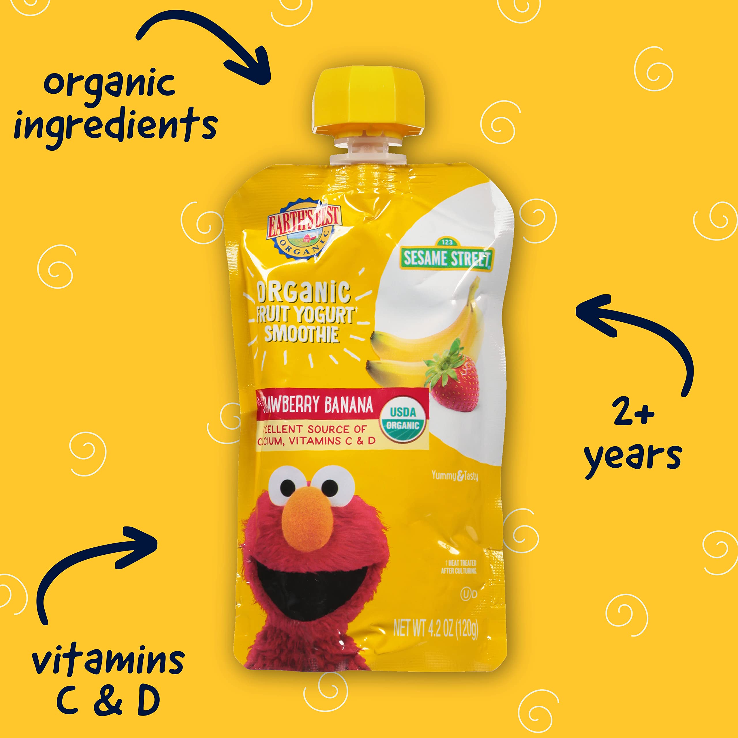 Earth's Best Organic Toddler Snacks - Sesame Street Yogurt Smoothie Pouches for Kids 2+ Years | Strawberry Banana Flavor | 4.2oz Resealable Packs (16 Count) | Healthy On-the-Go Snack for Daycare, Travel & Lunchboxes