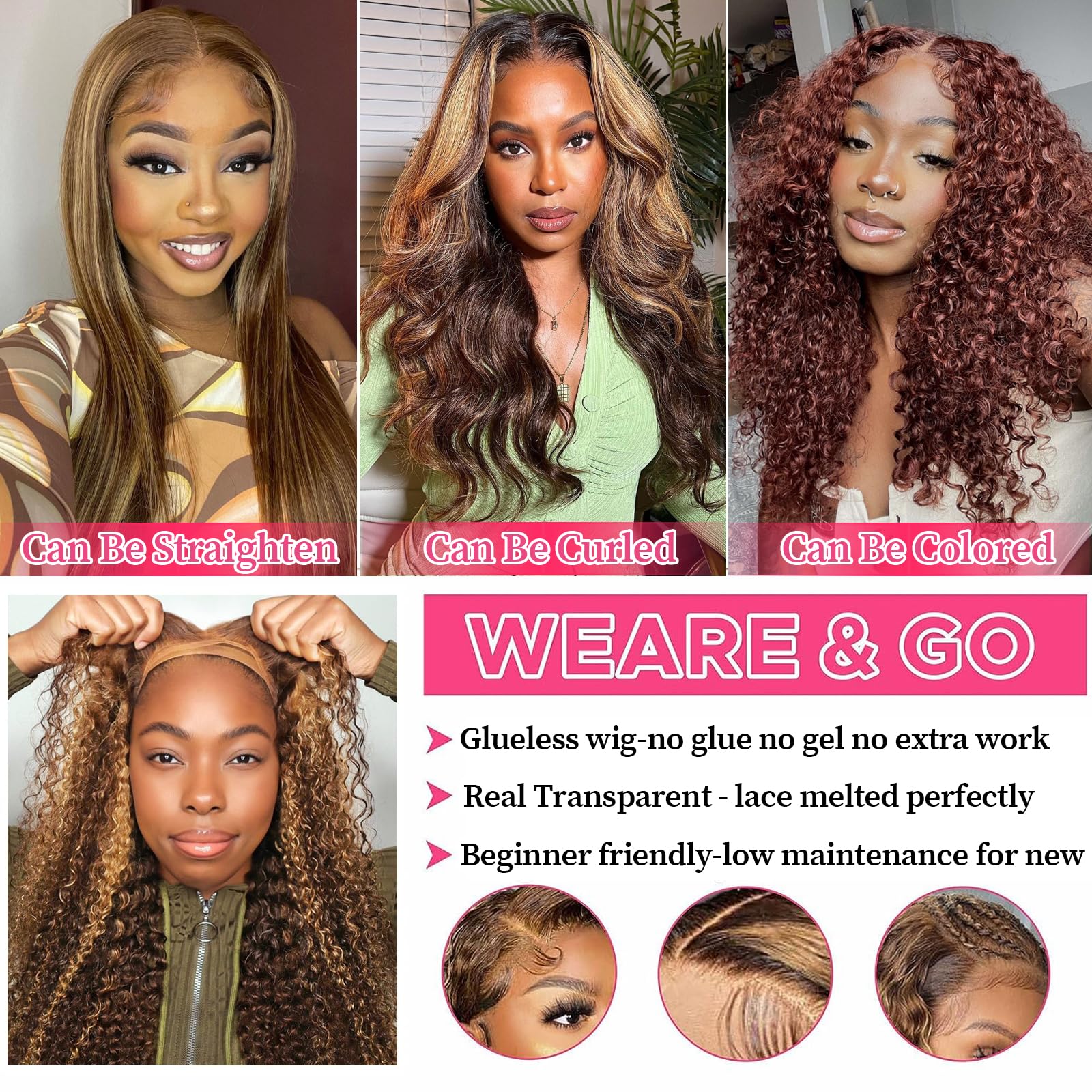 30 Inch Glueless Curly Human Hair Wigs for Women - Pre Plucked 180 Density 5x5 HD Lace Closure Wig with Highlight Ombre, No Glue Wear & Go Lace Front Wig | Perfect for Daily Wear, Parties, Cosplay & Protective Hairstyles