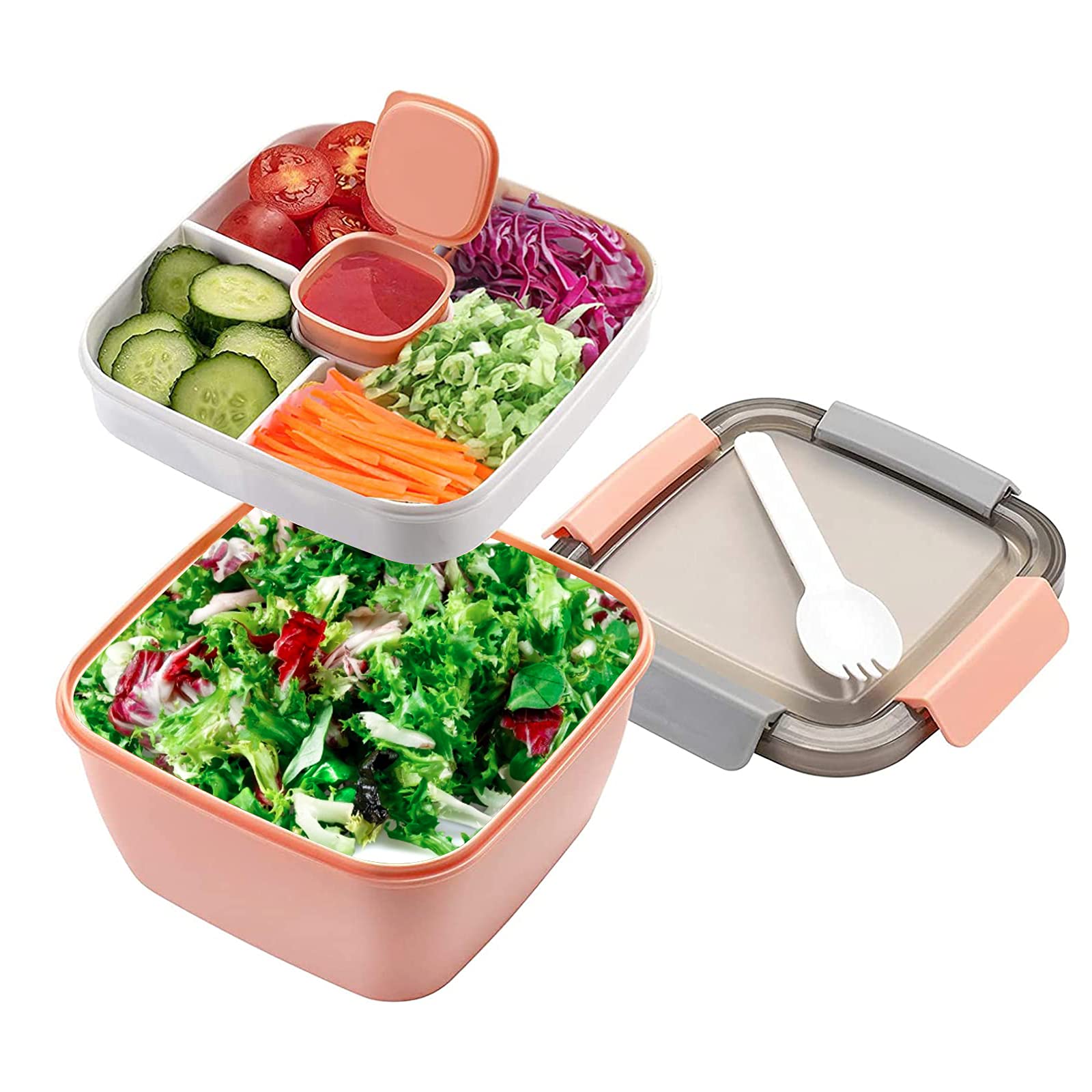Stackable 3-Compartment 50 oz Bento Lunch Box with Dressing Cup - Perfect for Salads, Meal Prep, Snacks & Office Lunch | Leak-Proof Salad Container for Adults & Kids
