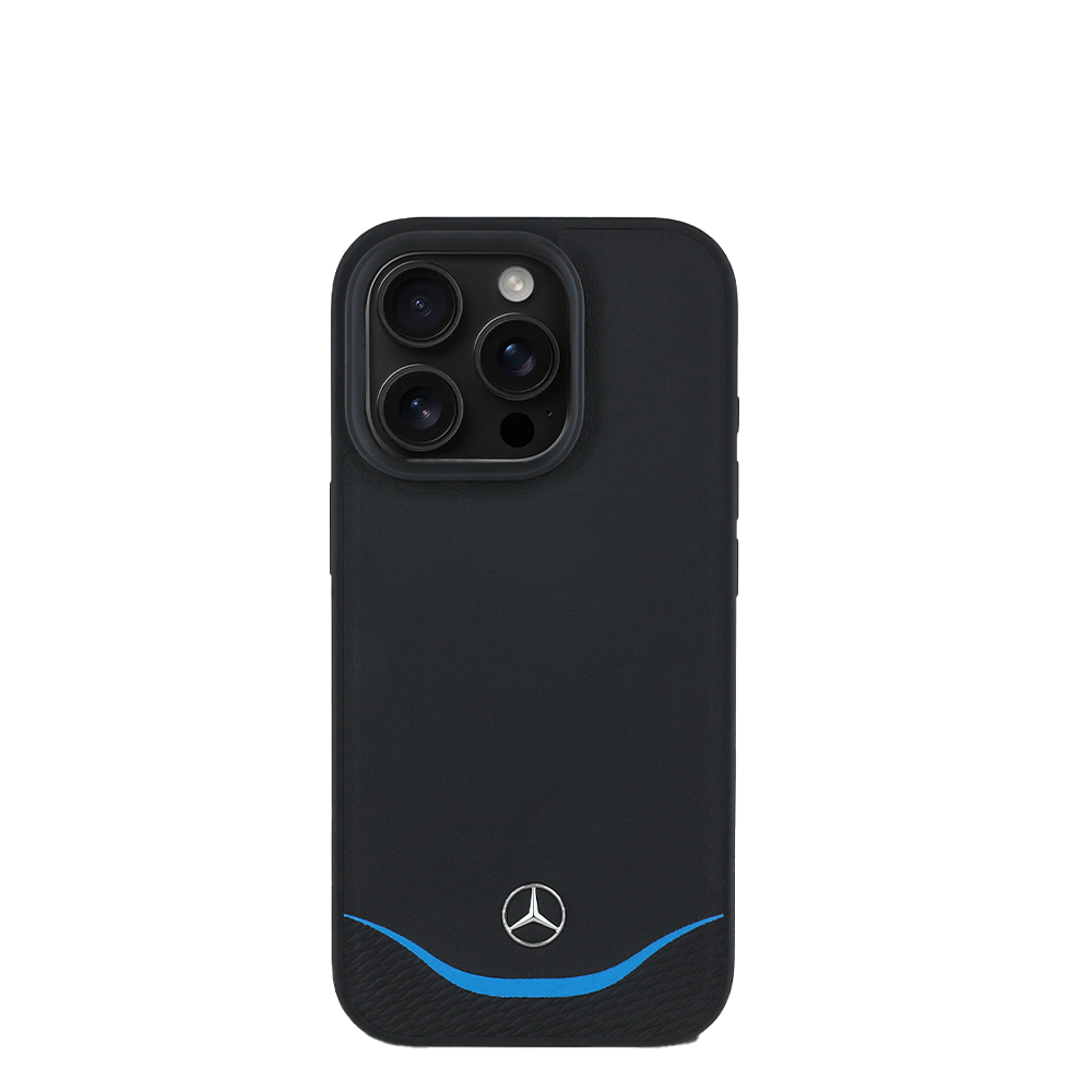 Premium Mercedes MagSafe iPhone 16 Pro Case - Genuine Black Leather with Contrast Blue Accents | Slim Protective Cover for Everyday Use & Business Meetings