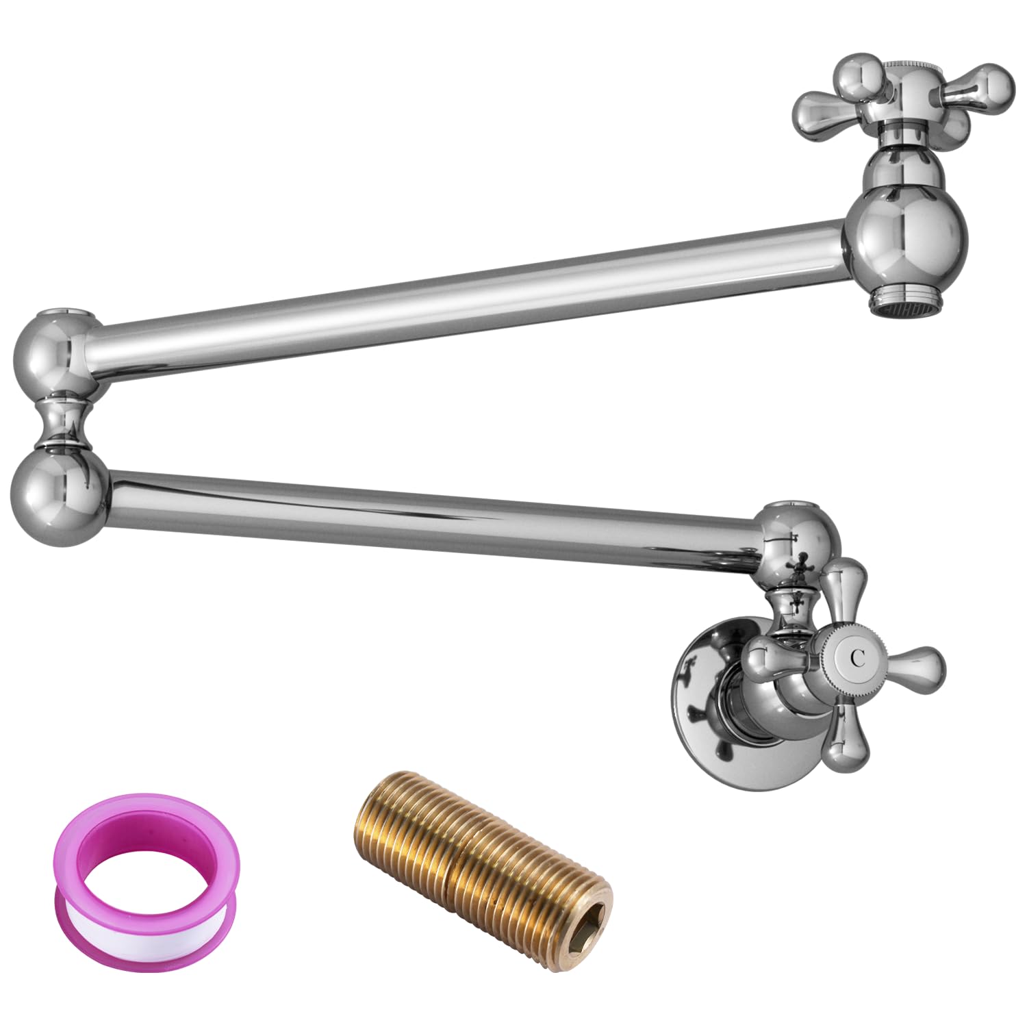 **Commercial Grade Brass Wall Mount Pot Filler Faucet with Double Joint Swing Arms - Stretchable & Folding Design for Kitchen Sink & Stove - Chrome Finish (Ideal for Restaurants, Catering & Home Chefs)**