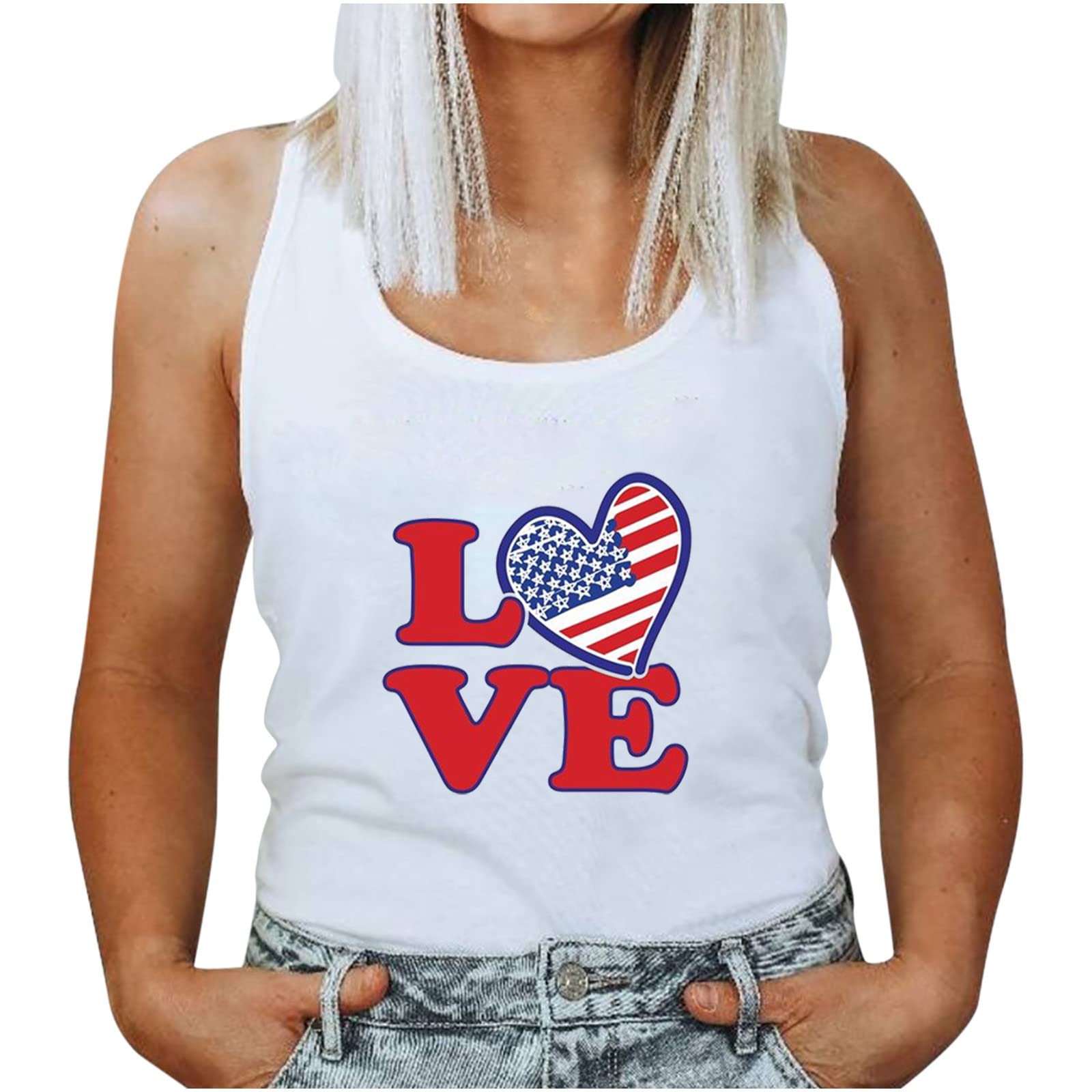 Women's Summer Tops - Round Neck Sleeveless Loose Vest with Independence Day Print | Casual Comfort Wear for Beach, Picnic & 4th of July Celebrations