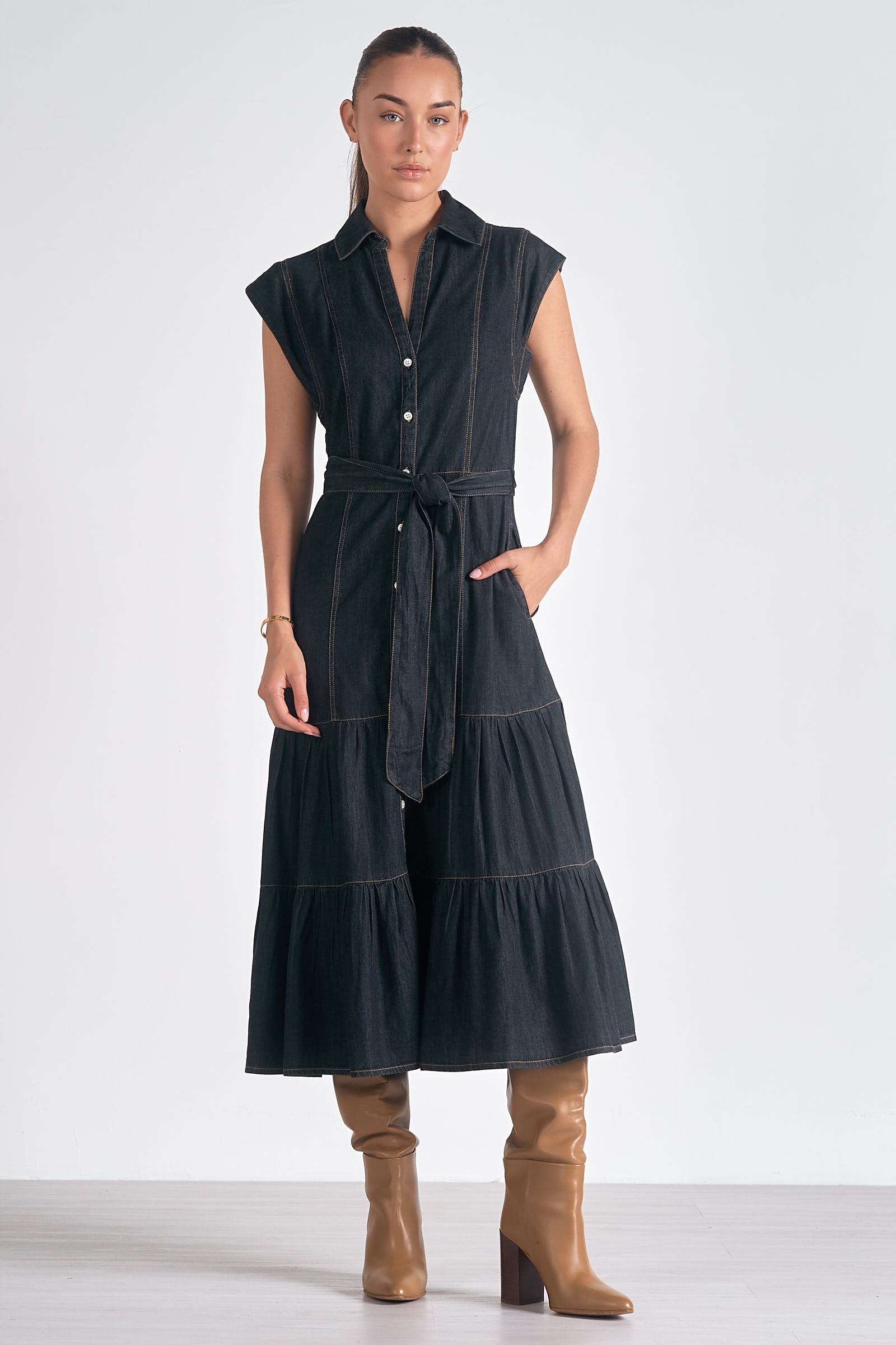 Daria Women's Midi Denim Dress - Vintage Blue Stretch Denim Skater Dress with Pockets | Perfect for Casual Outings, Date Nights & Summer Vacations