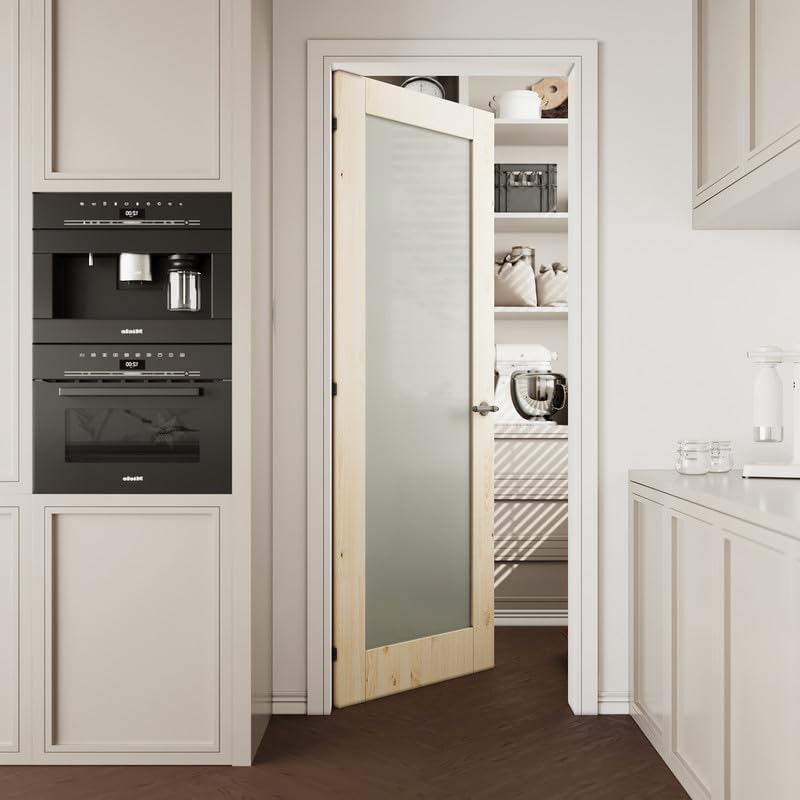 Frosted Glass Interior Slab Shaker Door - Pre-Assembled Panel for Barn, Pocket & French Doors - Solid Pine Wood 30x80 Inches - Perfect for Pantry, Bedroom, Closet, Laundry & Bathroom - Adds Elegance to Modern Farmhouse, Rustic & Contemporary Home Decor