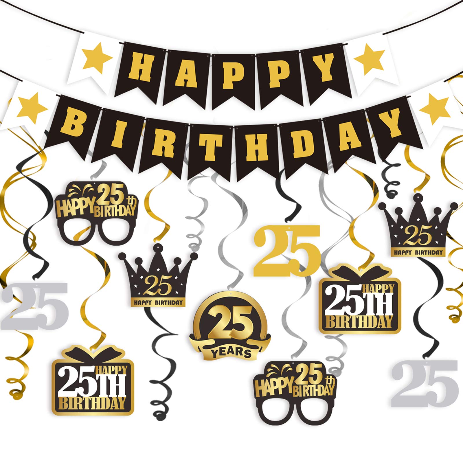LINGTEER 25th Birthday Party Decorations Set - Happy Birthday Banner, Swirl Streamers, Hanging Backdrop for 25 Years Old Celebration | Perfect for Birthday Parties, Anniversaries & Milestone Events