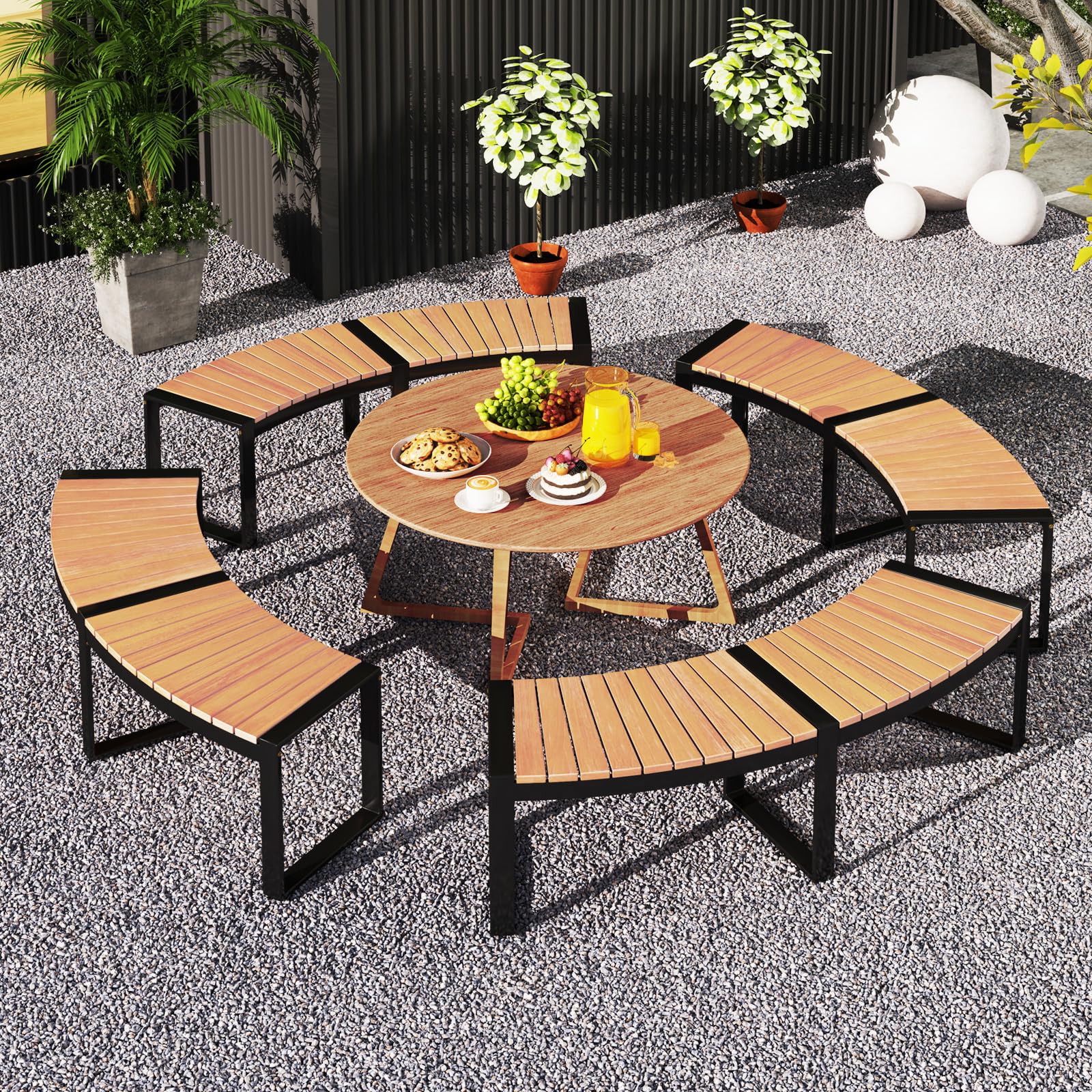 **Tangkula Patio Curved Bench - Acacia Wood Fire Pit Bench with Slatted Seat & Metal Legs - Outdoor Backless 2-Person Seating for Yard, Garden, Porch - 800 LBS Max Load - Oil Painted (2 Pack) - Perfect for Campfires, Outdoor Gatherings & Relaxation**