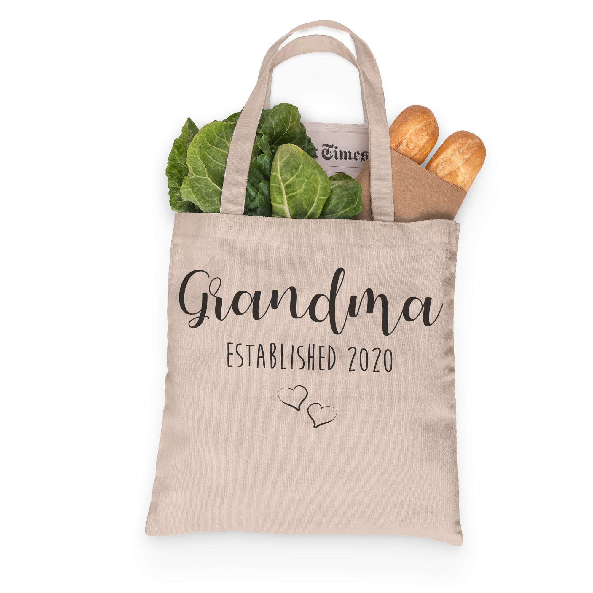Eco-Friendly 100% Cotton Reusable Grocery Tote Bag - Grandma EST. 2020 - Washable Shopping Tote for Groceries, Farmers Market & Beach Trips