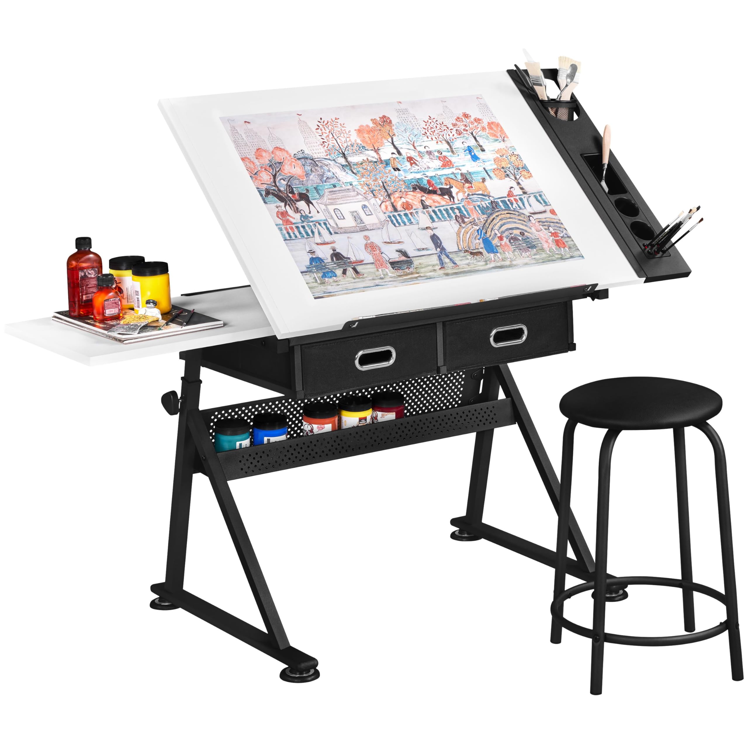 Yaheetech Adjustable Height White Art Desk for Adults - Tilting Drafting Table with Extra Large Desktop, Drawers & Foldable Stand - Craft Painting Desk & Chair Set with Stools for Home Office, Studio & Artist Workspace