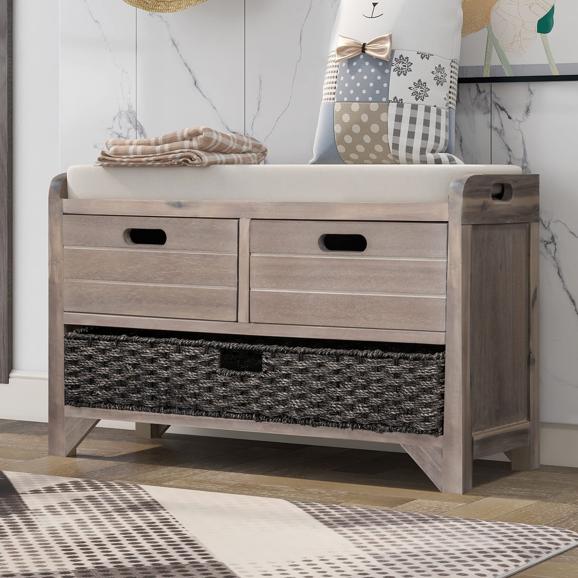P PURLOVE Wooden Entryway Storage Bench with Removable Cushion & Baskets, 2-Drawer Shoe Bench for Hallway, Living Room - Perfect for Organizing Shoes, Blankets & Home Decor (Fully Assembled)