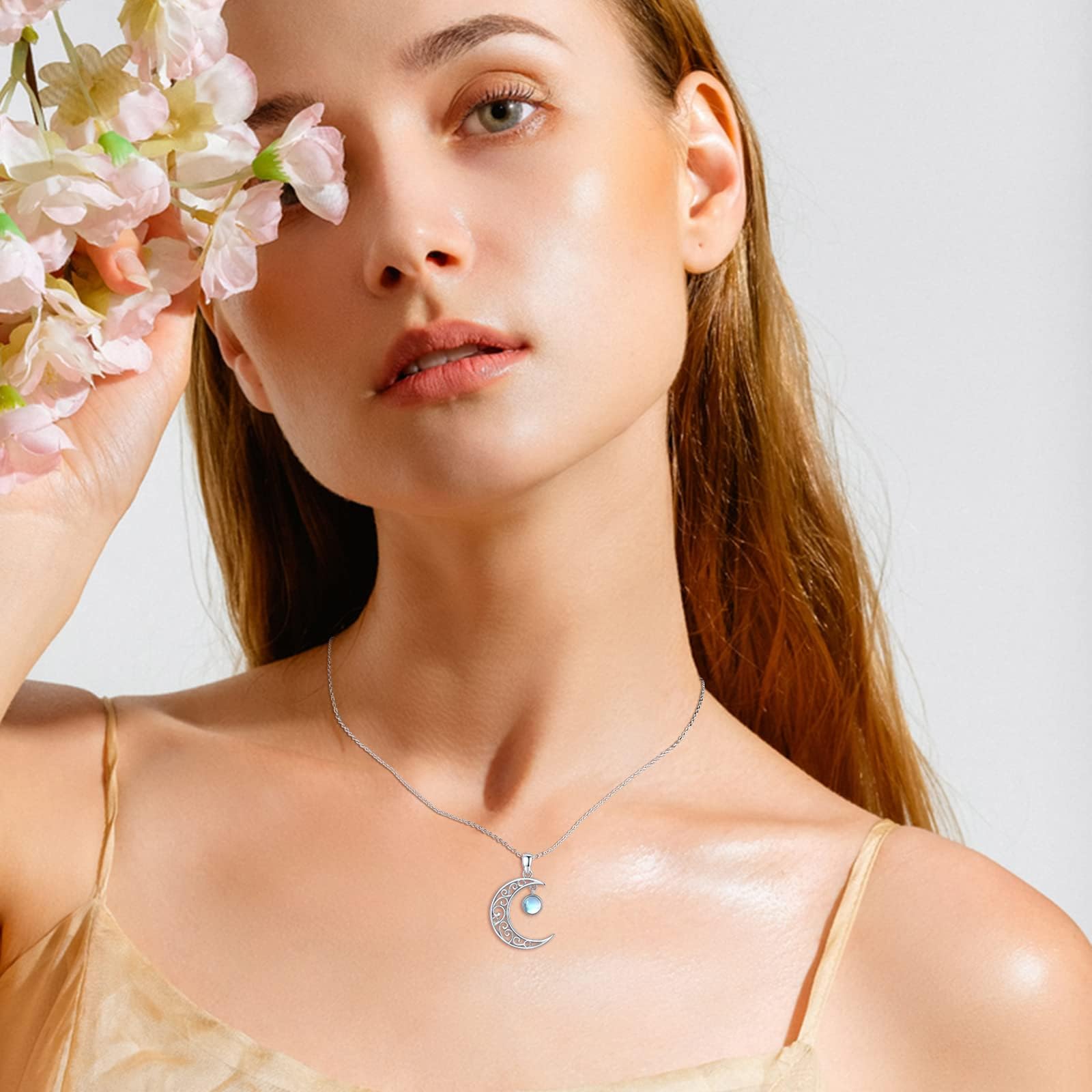 925 Sterling Silver Moon Necklace with Moonstone & Amber - Celtic Knot Moon Pendant Jewelry for Women | Birthday, Valentine's Day Gift for Her | Perfect for Boho Style, Spiritual Healing & Everyday Wear