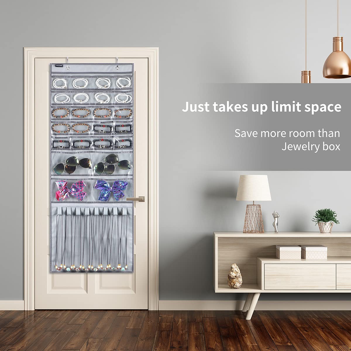 Over The Door Hanging Jewelry Organizer - Wall Mounted Earring Holder with 24 Clear Pockets & 8 Hook Loops for Necklace, Bracelet, Ring Storage - Perfect for Bedroom, Closet & Travel Organization (Grey)