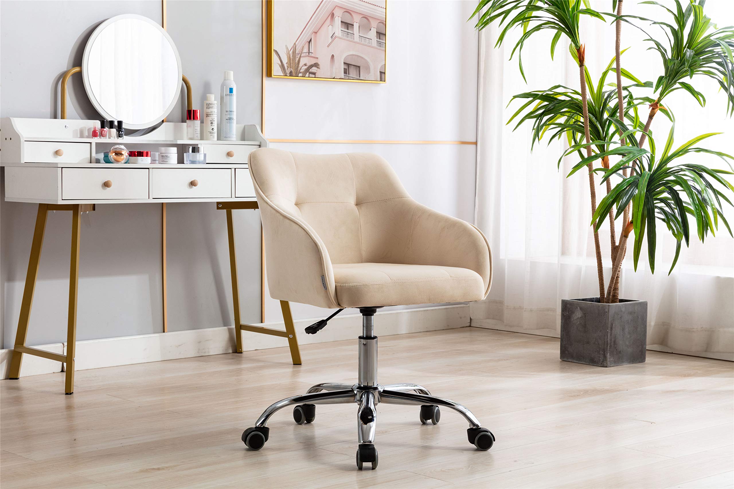 Ergonomic Office Chair with Lumbar Support - Swivel Adjustable Height Modern Desk Chair for Home Office, Living Room & Bedroom - Beige Fabric Upholstery - Perfect for Remote Work, Gaming & Study Sessions