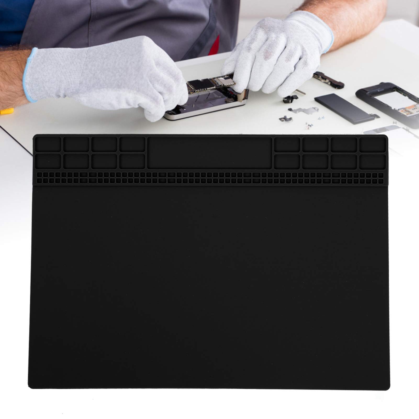 Heat Resistant Repair Pad - Silicone Soldering Mat for Electronics Repair, Phone & Computer Maintenance - Non-Slip Workstation Tool with Screw Storage Compartment (Black) - Perfect for DIY Tech Repairs & Soldering Projects
