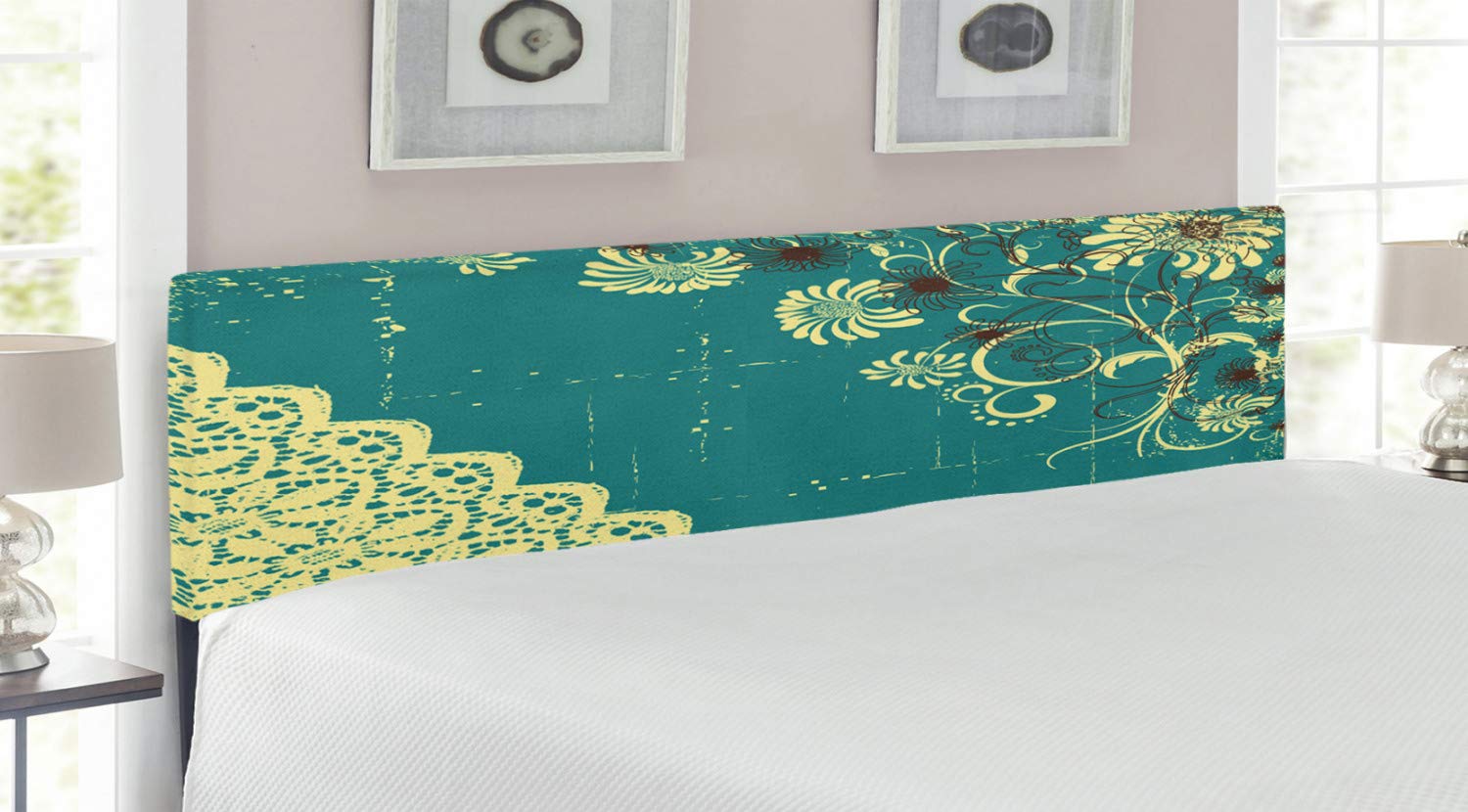 Ambesonne Vintage Upholstered Metal Headboard - King Size Retro Abstract Design with Lace & Floral Frame, White & Jade Green Memory Foam Bed Headboard | Perfect for Master Bedroom, Guest Room & Bohemian Home Decor
