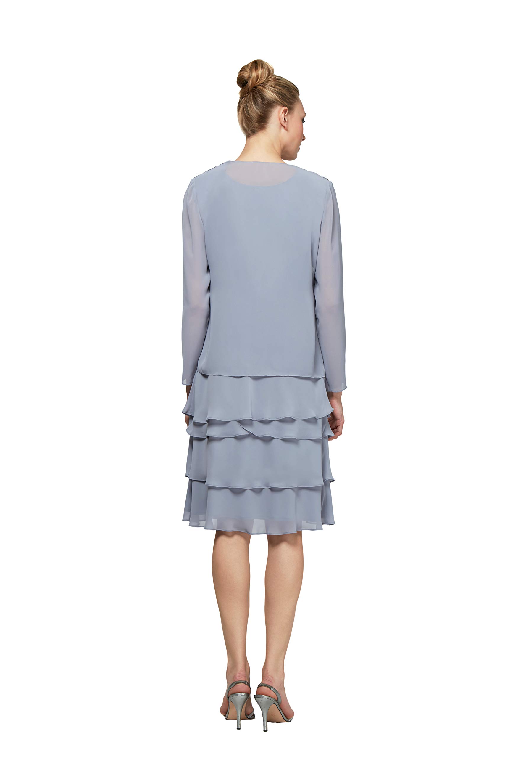 Elegant Women's Mother of The Bride Tiered Jacket Dress with Shoulder Embellishment - Petite & Regular Sizes | Formal Wedding Guest Outfit for Special Occasions