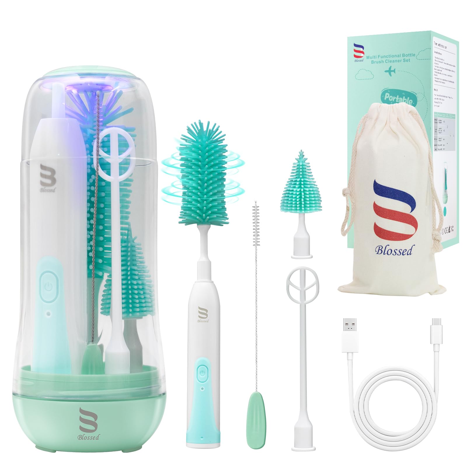 Electric Bottle Brush Cleaner with UV Light - Rechargeable & Waterproof Baby Bottle Cleaning Brush Set with 2 Heads, Straw Cleaner, Storage Pouch & Mixing Head | Perfect for Baby Bottles, Sippy Cups, Travel Mugs & Water Bottles