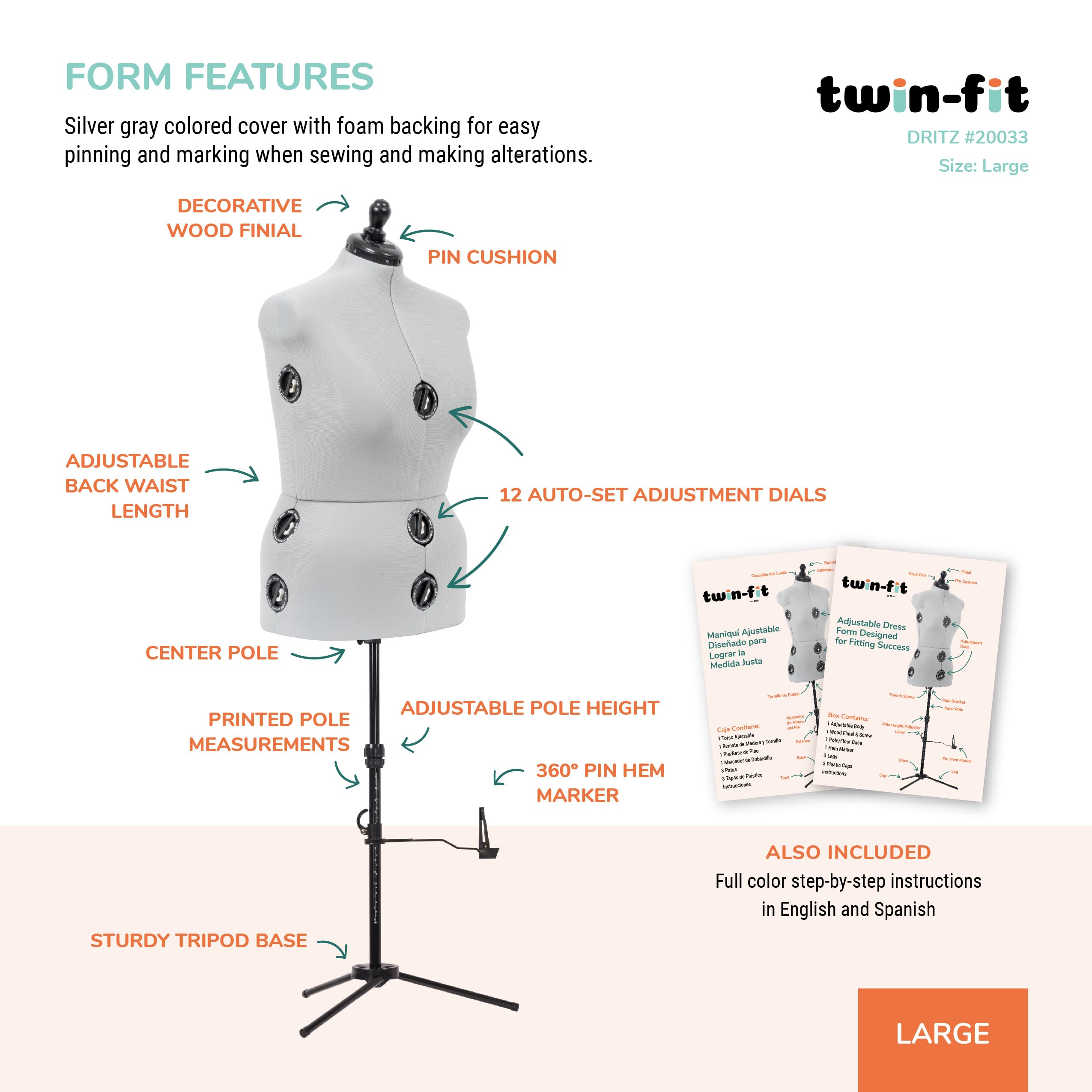Dritz Twin-Fit Adjustable Dress Form with Tri-Pod Stand - Large Size for Fashion Design, Sewing & Tailoring - Perfect for Dressmaking, Fitting, and Alterations