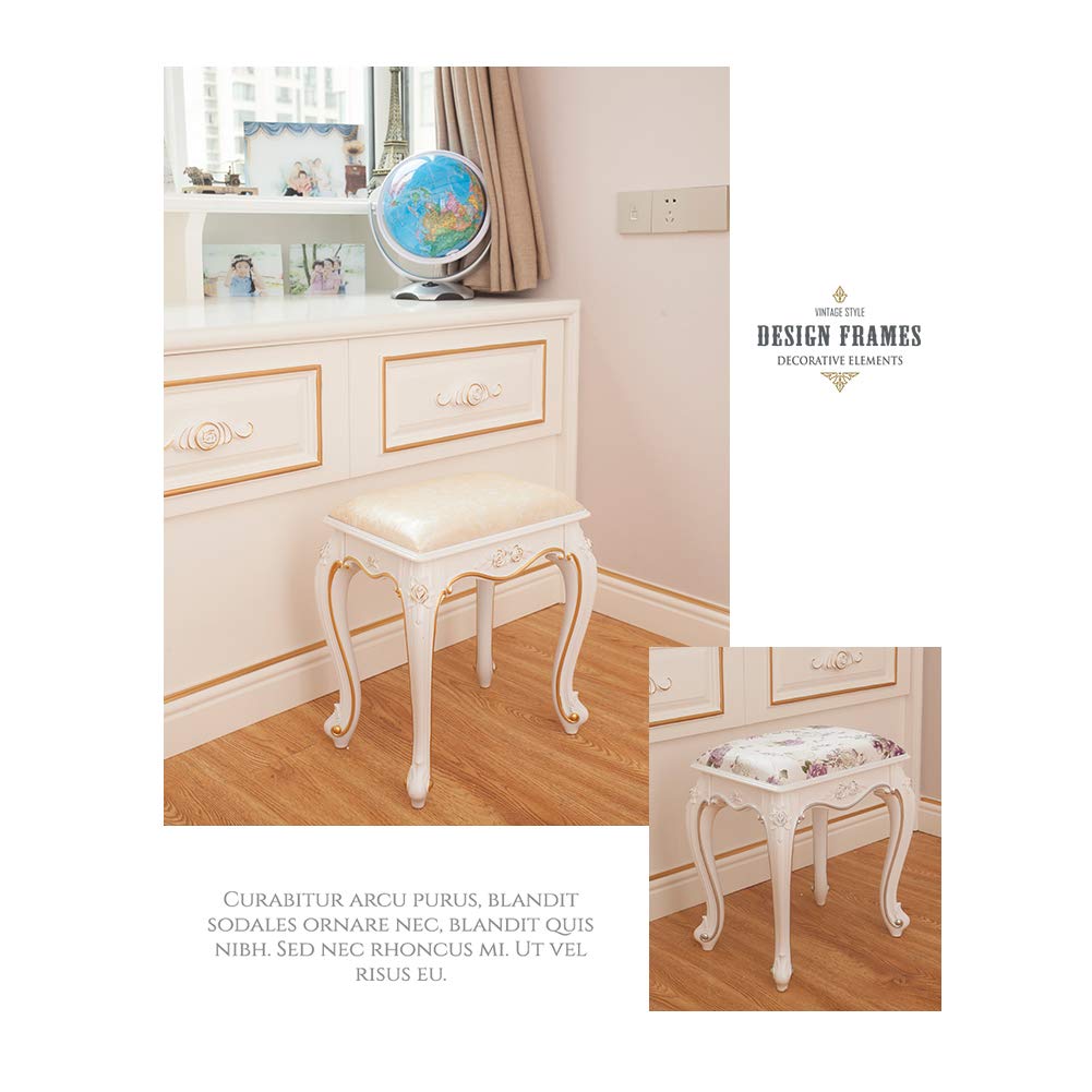 Baroque Style Vanity Bench with Upholstered Seat & Plastic Steel Legs - Padded Makeup Stool, Dressing Room Chair, Living Room Bench - High Resilience Sponge for Comfort - Perfect for Bedroom, Boudoir & Home Decor