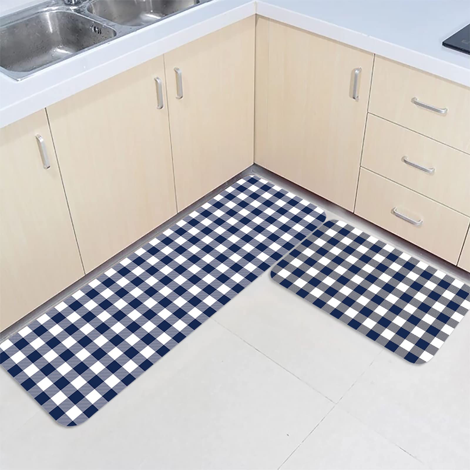 ZOE GARDEN 2-Piece Non-Slip Kitchen Rug Set - Abstract Buffalo Plaid Navy Blue Geometric Check Pattern Floor Mats - Soft Comfortable Doormat & Bath Runner for Kitchen, Entryway, Laundry Room, Bathroom