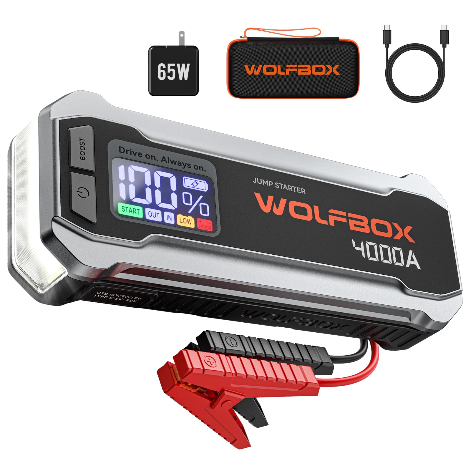 WOLFBOX 4000A 12V Car Jump Starter with 65W Fast Charger, 24000mAh Portable Battery Pack - Works for 10L Gas & Diesel Engines | LED Display, Booster Cables & Emergency Light - Perfect for Roadside Emergencies, Camping & Power Outages