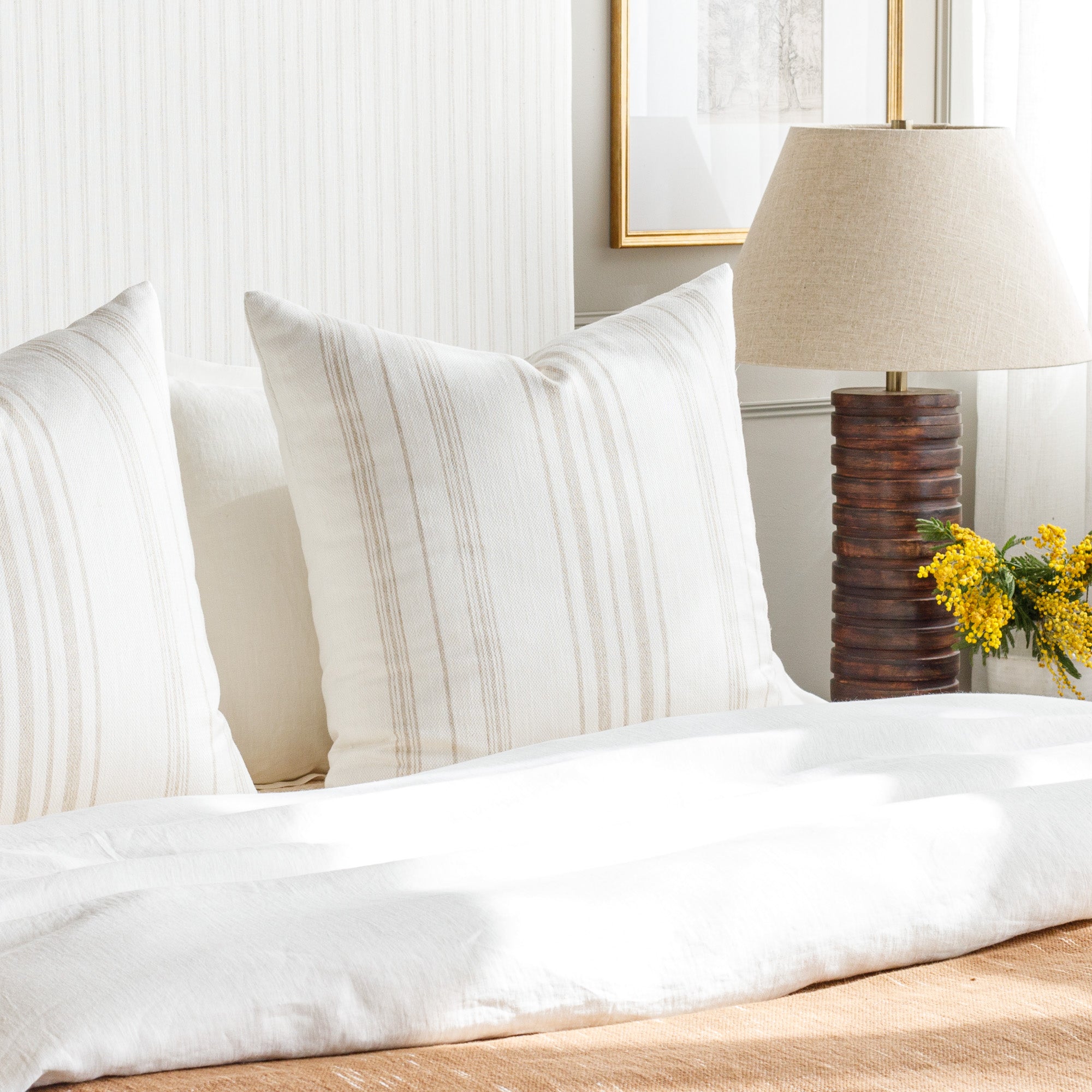 Collins Stripe 24x24 Decorative Throw Pillow Cover - Soft Parchment Linen Cushion for Sofa, Bed & Home Decor - Perfect for Living Room, Bedroom & Cozy Spaces