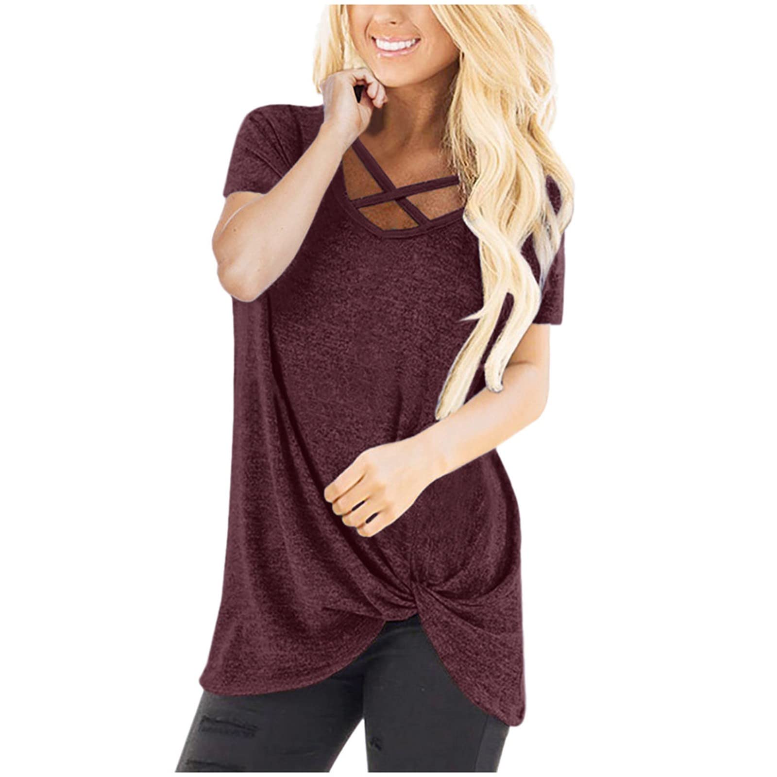Women's Criss Cross V Neck Short Sleeve T-Shirt - Trendy Twist Knot Yoga Top for Summer Workouts & Casual Wear | Perfect for Gym, Running, and Everyday Fashion