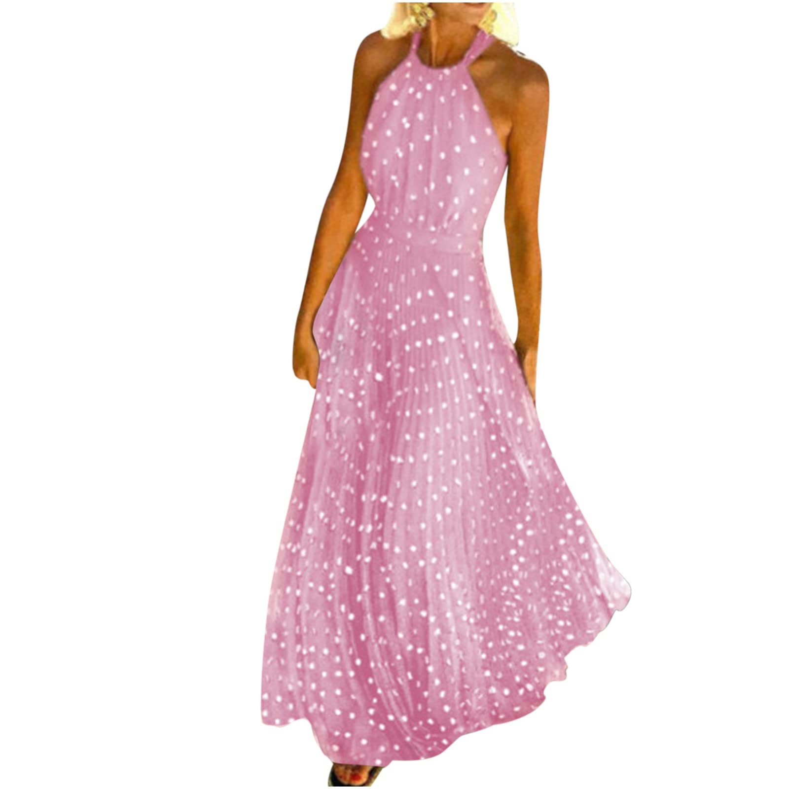 Elegant Women's Maxi Dress with Halter Neck, Tie Backless, Elastic Waist & Pleat Details - Polka Dot Sleeveless Flowy Long Dress in Pink | Perfect for Summer Beach, Vacation, Wedding & Special Occasions