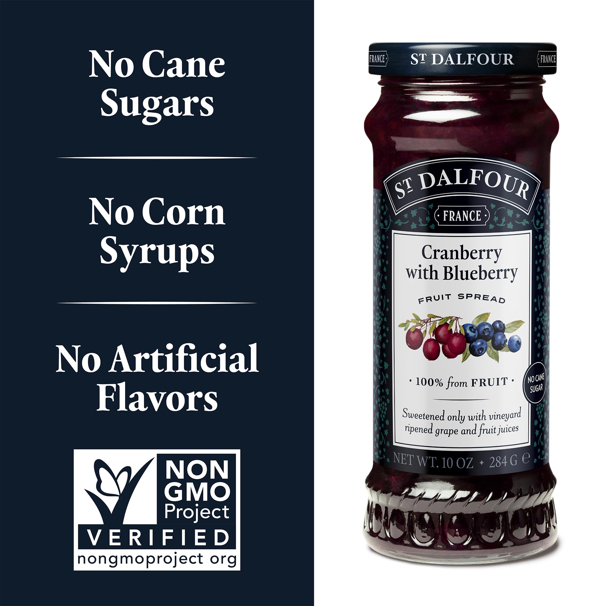 St. Dalfour Cranberry Blueberry Fruit Spread - 10oz Jar | 100% Natural Fruit, No Added Sugar, Non-GMO, Vegan | Perfect for Toast, Yogurt & Baking