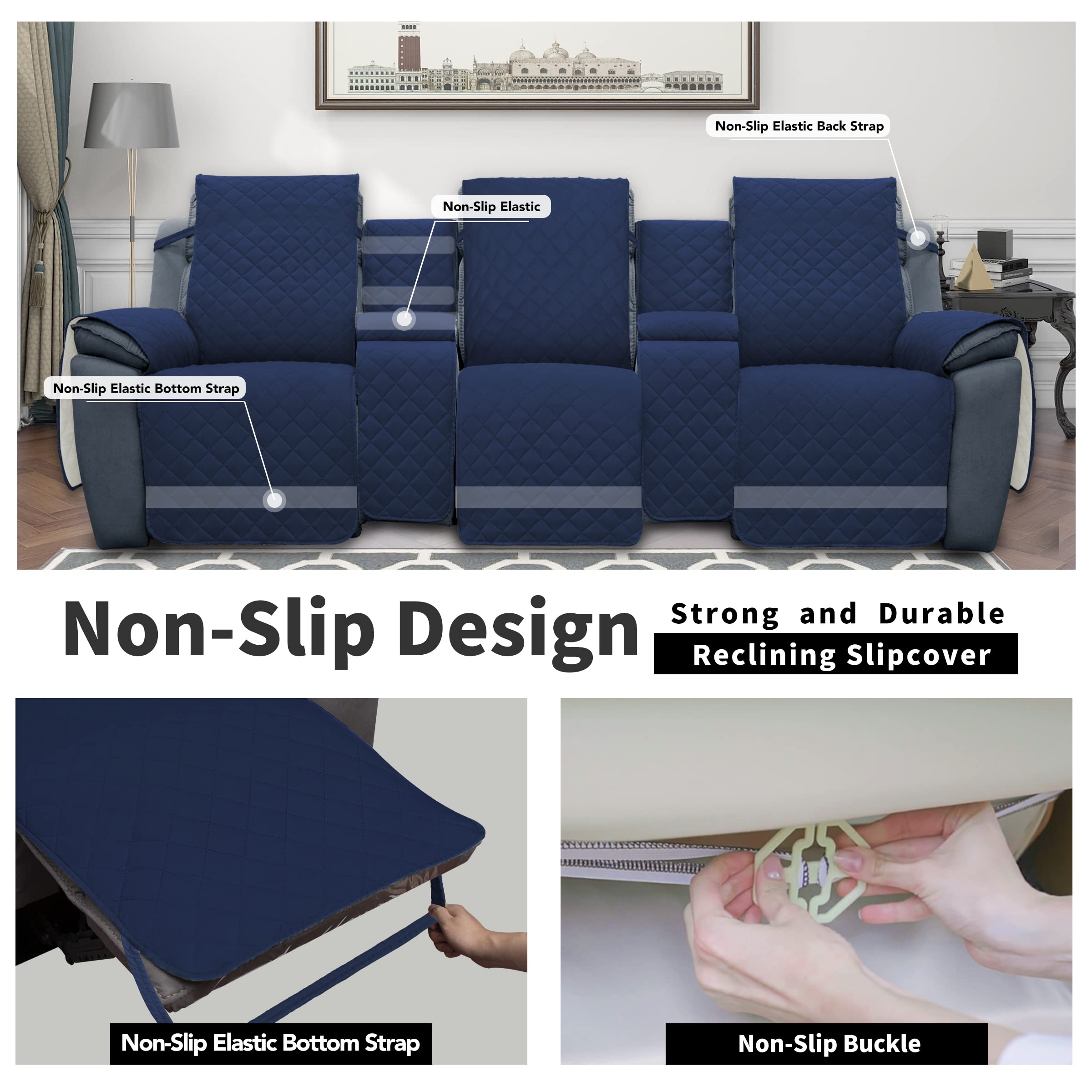 Reversible 3-Seater Recliner Sofa Cover with Console - Split Design for Individual Seats, Elastic Straps for Secure Fit - Navy/Ivory - Perfect for Living Room, Kids, Dogs & Pets - Protect Furniture from Stains & Wear