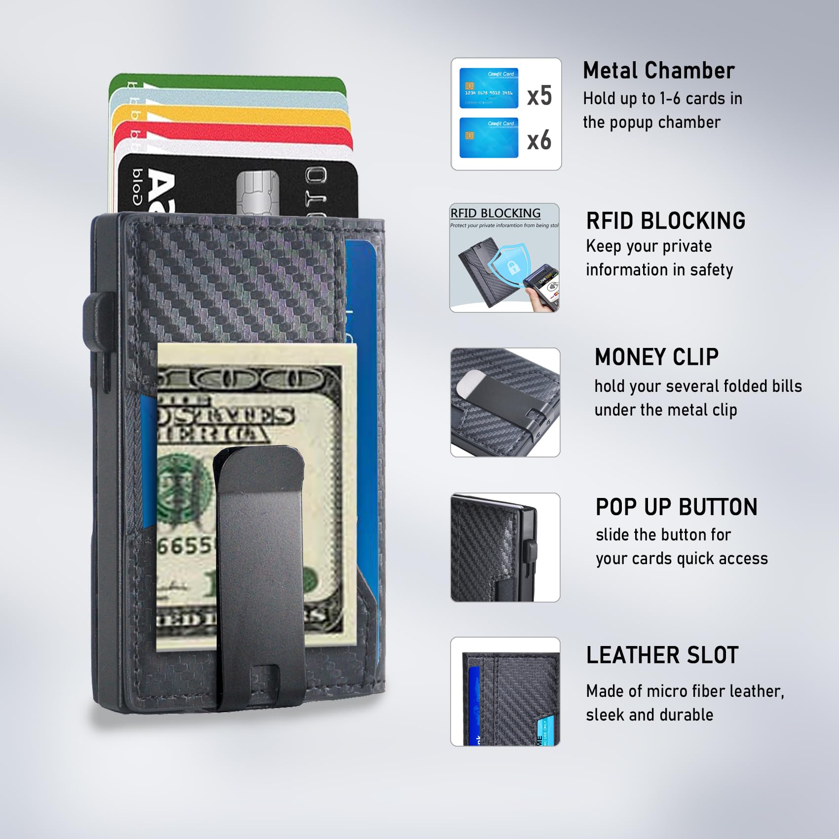 Slim RFID Blocking Minimalist Wallet for Men - Leather Pop Up Card Holder with Money Clip & ID Window - Metal Black Carbon Fiber - Perfect for Travel, Business & Everyday Carry