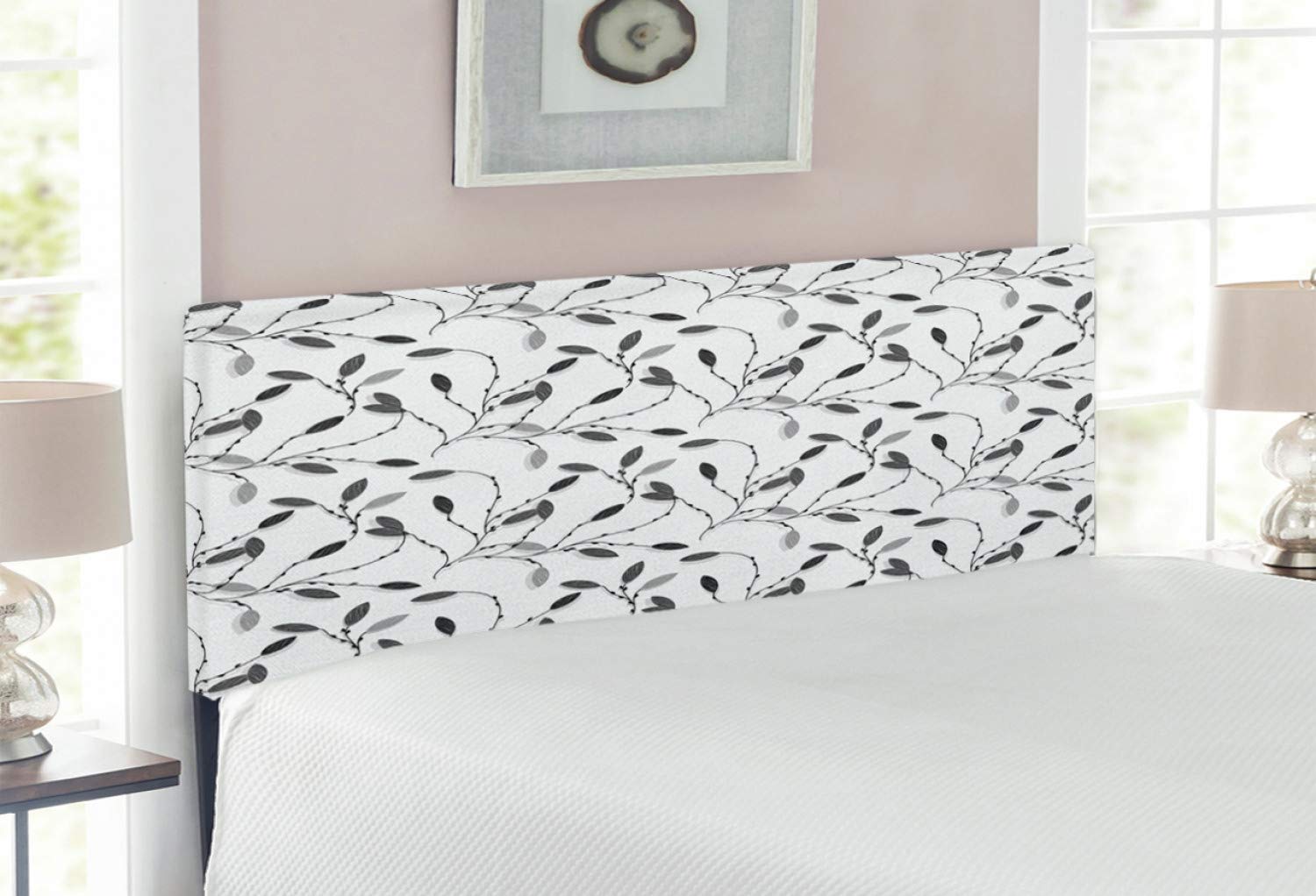 Ambesonne Grey Upholstered Headboard - Full Size Modern Fall Leaves Design with Memory Foam - Decorative Metal Bed Frame for Cozy Bedroom Decor | Perfect for Autumn-Themed Master Bedrooms & Guest Rooms
